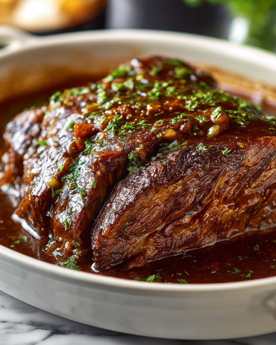 Large white ceramic baking dish filled with a whole, beautifully glazed pot roast, surrounded by rich, glossy brown gravy and garnished with freshly chopped green herbs, the whole roast presented intact with visible tender texture and caramelized crust, photographed from a 3/4 angle on a white marble countertop with natural lighting, a professional food magazine hero shot photo taken with an iphone --ar 4:5 --v 7