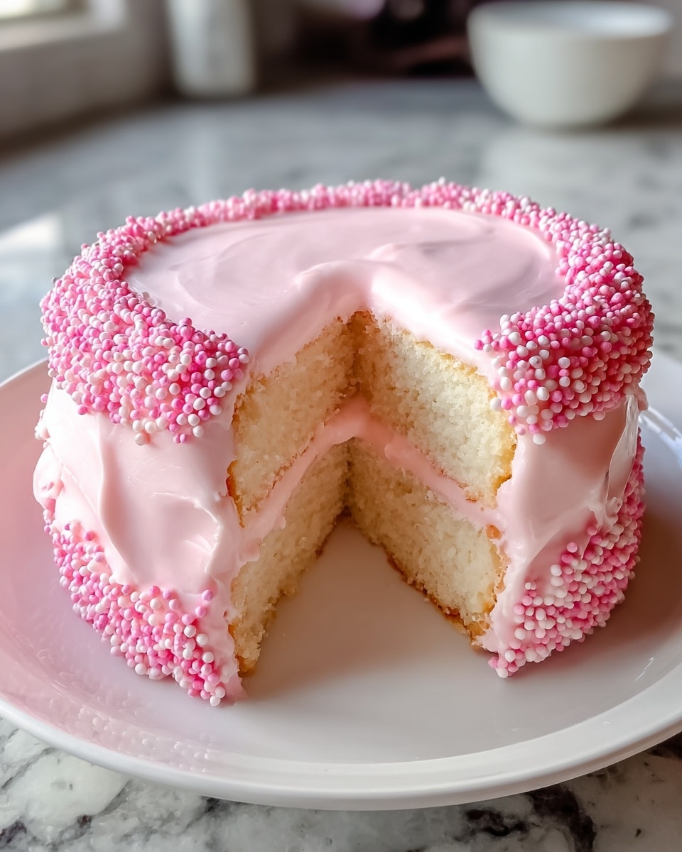 Whole round vanilla cake with smooth, pale pink frosting coating the entire cake, decorated evenly with small pink spherical sprinkles along the top edge and sides, the cake sits pristine and untouched on a white plate, photographed from a 3/4 angle showing the full cake, set against a white marble countertop with natural lighting, styled as a hero shot for a food magazine photo taken with an iphone --ar 4:5 --v 7