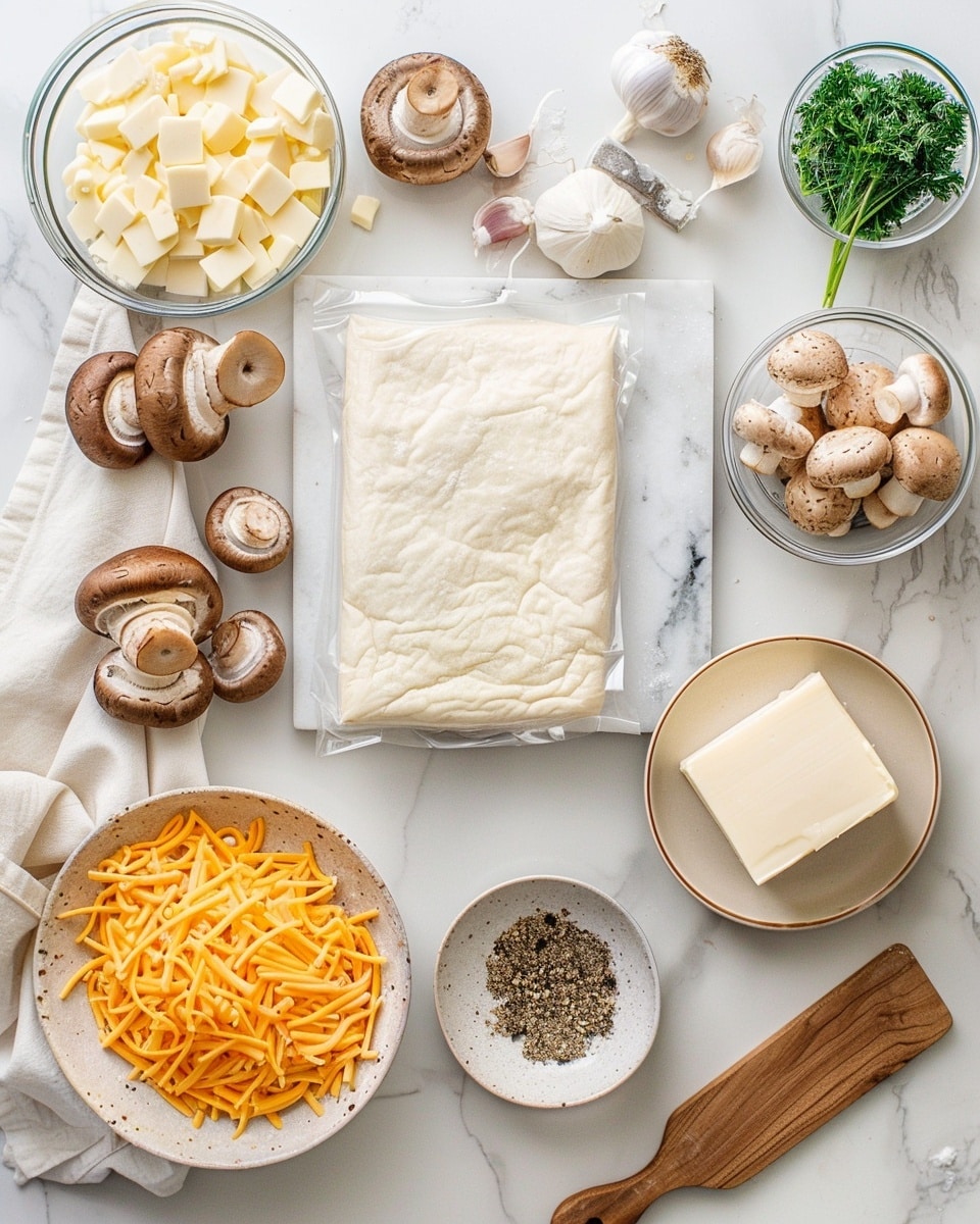 Single white plate featuring one golden puff pastry tartlet topped with a caramelized whole mushroom cap and melted cheese oozing between the delicate flaky layers, freshly sprinkled with finely chopped parsley, angled close-up to reveal the crisp, buttery layers and tender interior filling, set against a white marble surface with natural lighting highlighting its glossy finish, styled like an inviting food blog serving, photo taken with an iphone --ar 4:5 --v 7