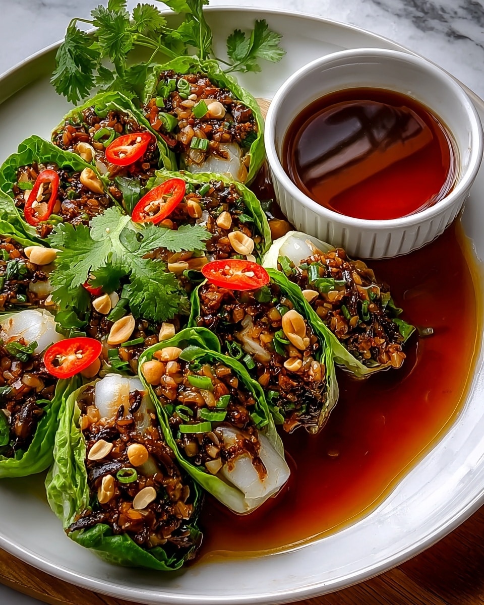 Large white plate presenting a full serving of vibrant vegetarian lettuce wraps stuffed with savory minced mushrooms and vegetables, garnished with chopped peanuts, fresh cilantro sprigs, and sliced red chili peppers, all beautifully arranged and drizzled with a glossy, rich soy-based dipping sauce pooled beneath, accompanied by a small white ramekin filled with more dipping sauce, shot from a 3/4 angle on a white marble background with natural lighting, styled like a hero shot from a food magazine, photo taken with an iphone --ar 4:5 --v 7