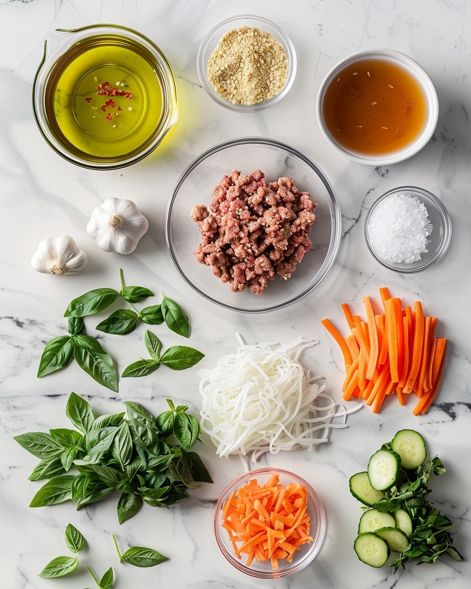 Single white plate featuring one neatly arranged portion of fresh green leaf-wrapped rolls filled with savory minced mushrooms and vegetables, interior layers clearly visible at the cross-section, topped with finely chopped garlic, slices of red chili, and bright cilantro leaves, resting in a shallow pool of rich soy-based sauce, accompanied by a small white ramekin of dipping sauce, set on a white marble surface with natural lighting, close-up angled shot emphasizing the vibrant textures and glossy finish, styled as a plated serving from a food blog, photo taken with an iphone --ar 4:5 --v 7