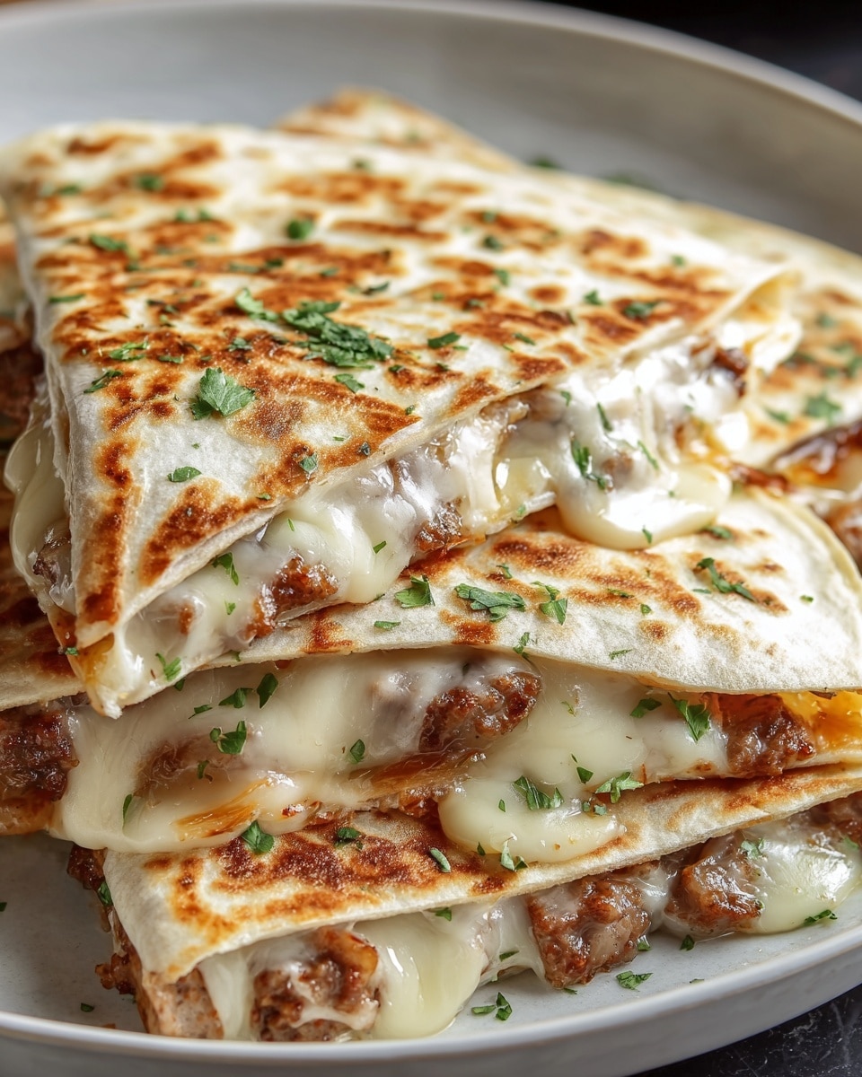 Whole white ceramic plate filled with a large, uncut cheese and sausage quesadilla, perfectly toasted tortilla with golden brown spots, melted creamy cheese oozing slightly between layers, chunks of savory sausage visible throughout, garnished with fresh chopped cilantro, presented on a white marble countertop, natural lighting highlighting the textures, professional food styling shot taken from a 3/4 angle, photo taken with an iphone --ar 4:5 --v 7