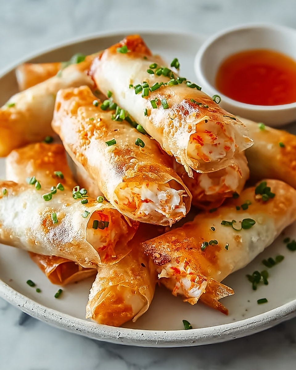 Large white plate filled with an arrangement of crispy golden-brown crab spring rolls, each perfectly rolled with a translucent, lightly blistered wrapper revealing the tender crab meat and vibrant orange filling inside, sprinkled generously with chopped fresh green chives, photographed from a 3/4 angle on a white marble countertop with natural lighting, styled as a professional hero food shot photo taken with an iphone --ar 4:5 --v 7
