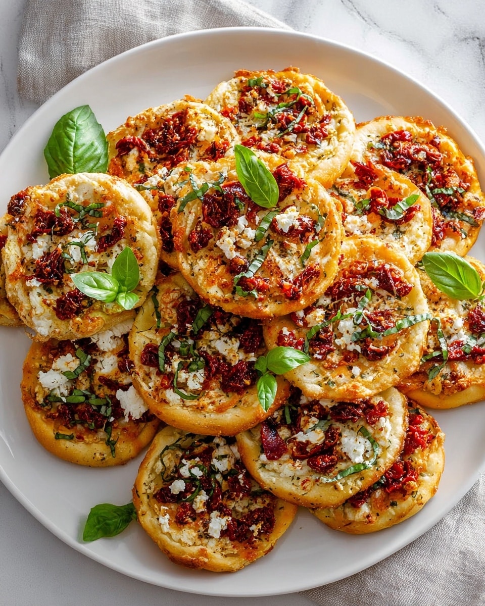 Large white platter filled with a full batch of savory mini pizzas arranged in an appealing pile, each topped with vibrant sun-dried tomatoes, crumbled feta cheese, fresh basil leaves, and a golden, crisp crust, presented on a white marble surface with natural lighting, showcasing the entire uncut batch as a mouthwatering hero shot from a food magazine, photo taken with an iphone --ar 4:5 --v 7