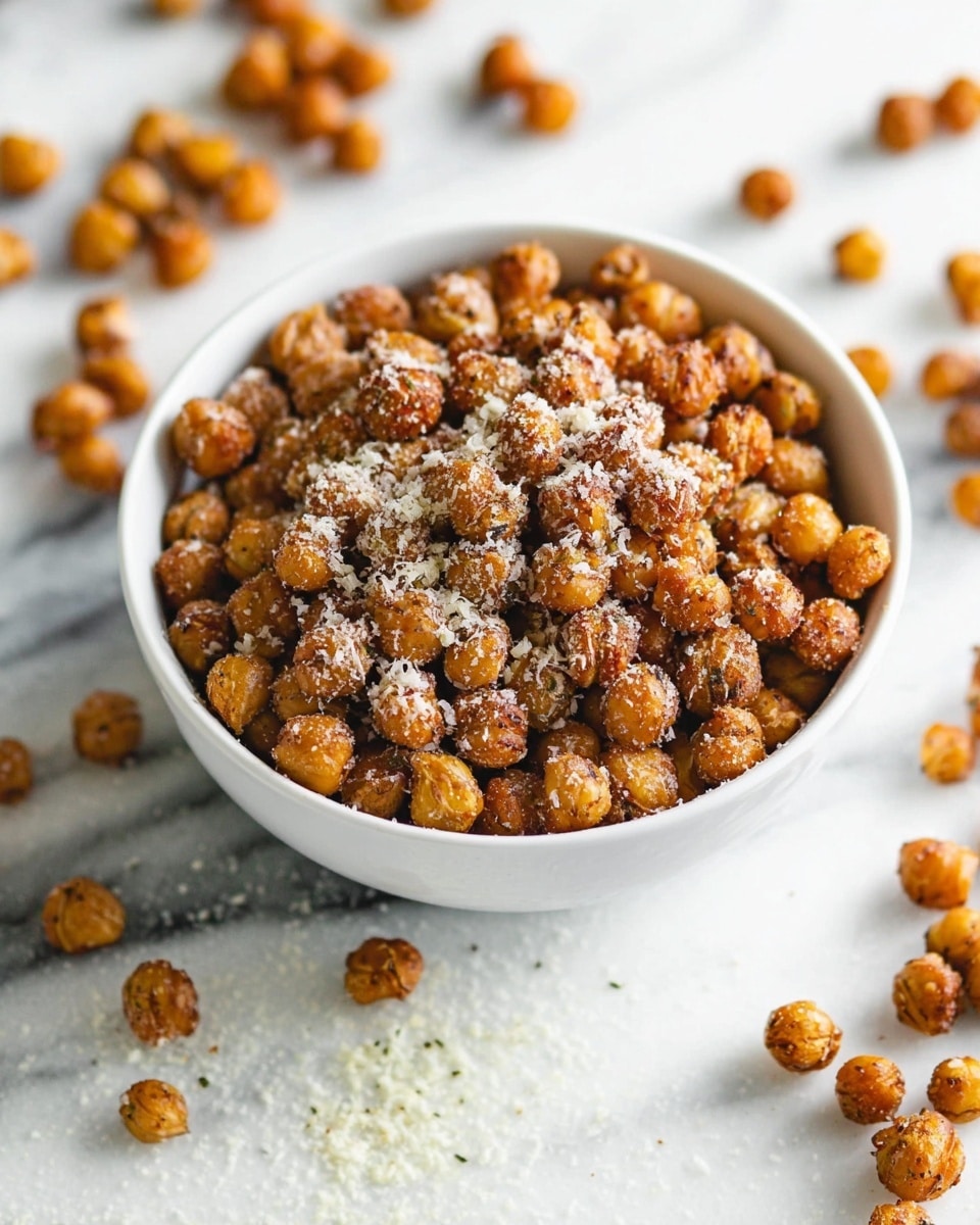Large white bowl filled to the brim with crispy roasted chickpeas, perfectly golden brown and evenly coated with a light dusting of seasoning and grated cheese, with more roasted chickpeas scattered around the bowl on a white marble surface, natural lighting highlighting the texture and color, professional overhead food magazine style photo taken with an iphone --ar 4:5 --v 7