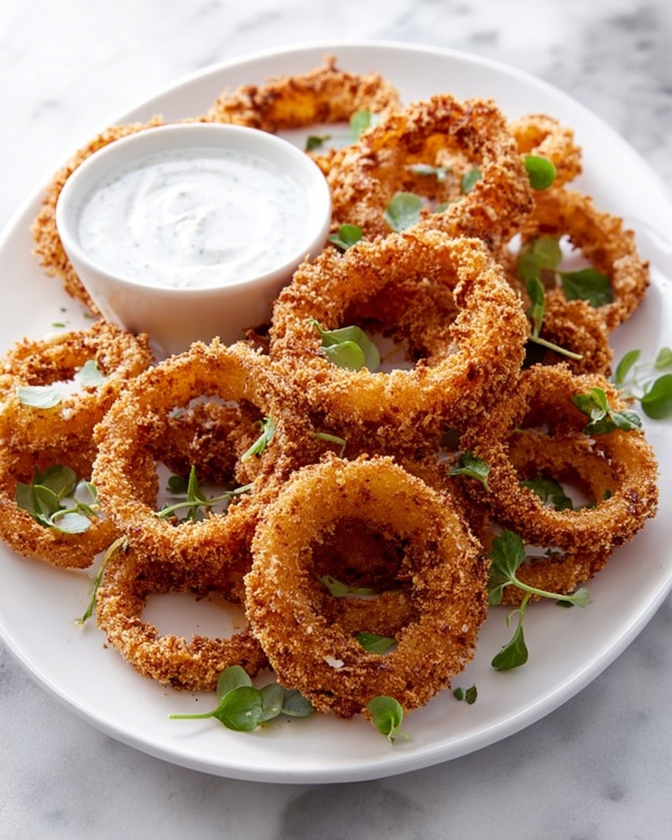 Large white serving platter heaped with a generous pile of golden-brown crispy onion rings, each perfectly breaded and fried to a crunchy texture, garnished with scattered fresh green herb leaves, accompanied by a small white bowl of creamy dipping sauce on the side, all presented on a white marble countertop under natural lighting, professional food magazine hero shot, photo taken with an iphone --ar 4:5 --v 7