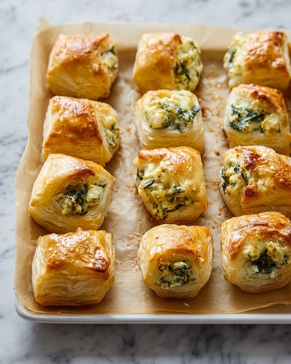 White rectangular baking tray filled with a full batch of golden puff pastry bites stuffed with creamy spinach and cheese filling, each perfectly puffed and lightly browned on top, arranged evenly on parchment paper, the entire dish photographed from a 3/4 angle on a white marble countertop, natural lighting, professional food magazine hero shot photo taken with an iphone --ar 4:5 --v 7