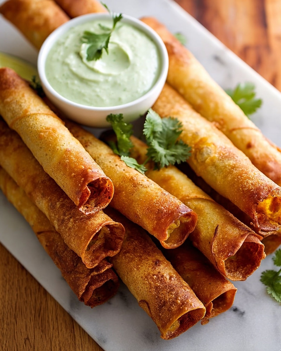 Large white rectangular platter filled with a generous arrangement of golden, crispy taquitos, each tightly rolled and uniformly fried to a perfect crisp, accompanied by a small white bowl of creamy, pale green avocado cilantro dipping sauce garnished with fresh cilantro leaves, whole dish styled on a white marble surface with natural lighting, professional food magazine hero shot photo taken with an iphone --ar 4:5 --v 7
