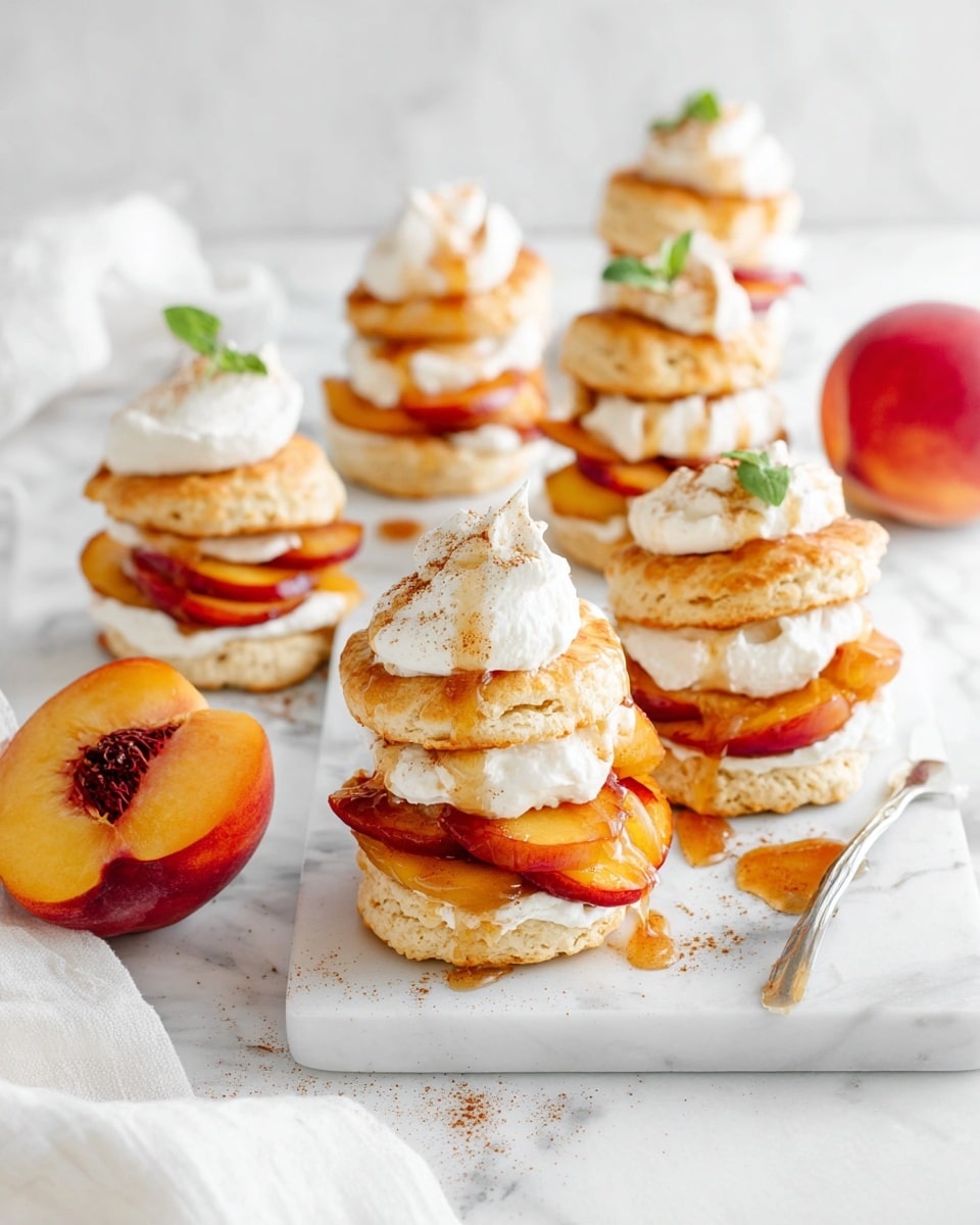 A white rectangular platter filled with a full batch of stacked peach shortcakes, each made with golden biscuit layers generously topped with whipped cream and caramelized peach slices drizzled with cinnamon syrup, the shortcakes arranged neatly in rows with a fresh whole peach placed decoratively on the side, all set against a pristine white marble background under natural lighting, professional food magazine style hero shot photo taken with an iphone --ar 4:5 --v 7