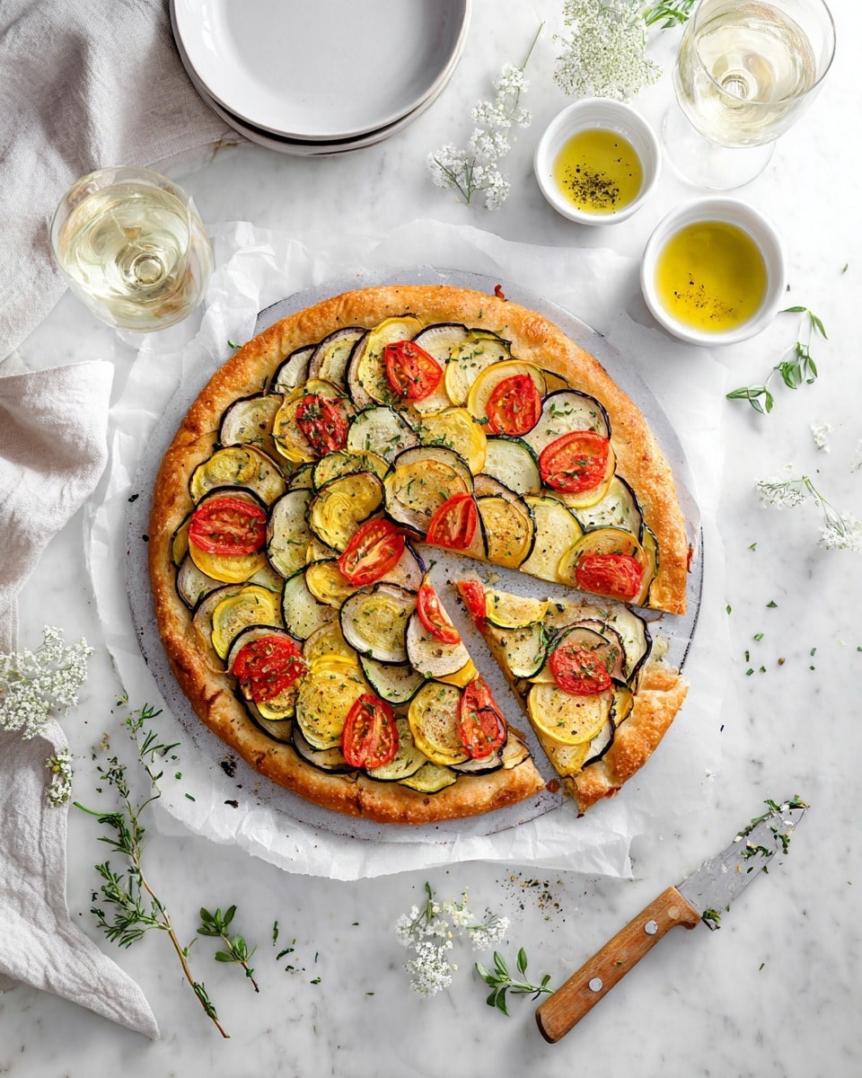 Whole uncut vegetable pizza on a white parchment-lined silver pizza pan, topped with beautifully arranged slices of eggplant, yellow squash, zucchini, and ripe tomato, golden crust with herbs sprinkled over the colorful vegetable medley. The scene is set on a white marble countertop with natural light, accompanied by small white bowls of olive oil with seasoning, a stack of small white plates, a butter knife with a wooden handle, scattered fresh herbs and tiny white flowers, and a glass of white wine. Professional 3/4 angle food magazine hero shot, photo taken with an iphone --ar 4:5 --v 7
