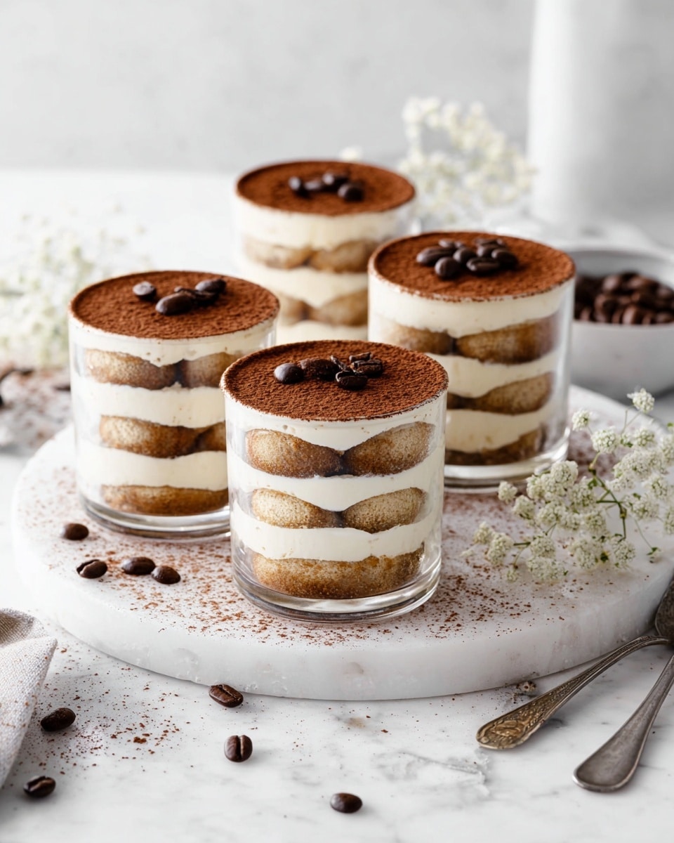 Three identical clear glass cups filled with layered tiramisu, each featuring alternating creamy mascarpone layers and coffee-soaked ladyfingers, topped with a smooth layer of cocoa powder and garnished with whole coffee beans, all placed together on a round white ceramic platter on a white marble countertop, styled with scattered coffee beans and delicate white flowers, natural lighting, professional 3/4 angle food magazine hero shot, photo taken with an iphone --ar 4:5 --v 7