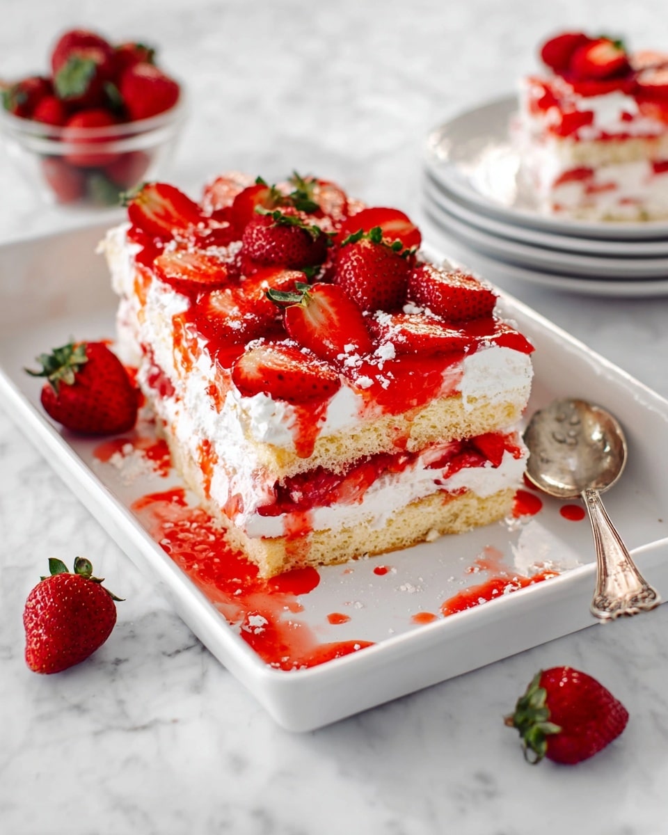 Whole rectangular white serving dish filled with a layered strawberry shortcake dessert, featuring visible layers of soft sponge cake, whipped cream, fresh strawberries, and a glossy strawberry glaze topping adorned with whole and halved strawberries, presented on a white marble countertop with natural light highlighting the vibrant reds and creamy whites, professional 3/4 angle food magazine style photo taken with an iphone --ar 4:5 --v 7