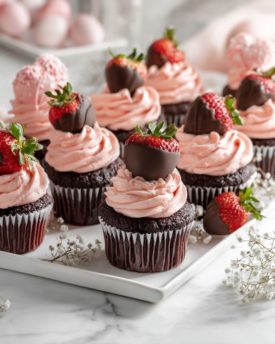 White rectangular platter filled with a full dozen of rich chocolate cupcakes topped with generous swirls of smooth pink strawberry frosting and decorated each with a large chocolate-dipped strawberry, accompanied by extra chocolate strawberries and delicate white flower sprigs scattered on a pristine white marble countertop, bright natural light highlighting the luscious textures, professional food styling photo taken with an iphone --ar 4:5 --v 7