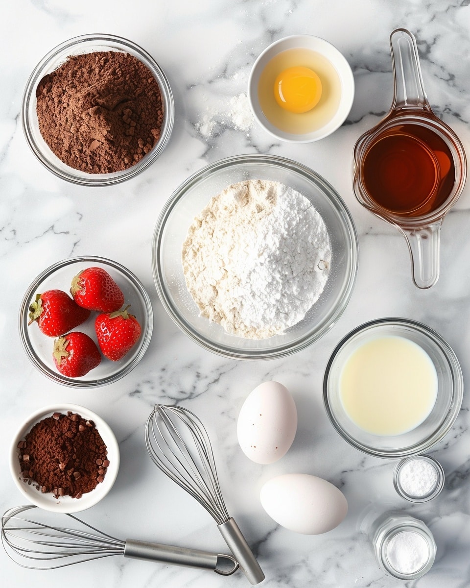 Single white plate holding one chocolate cupcake topped with a generous swirl of light pink strawberry frosting and adorned with a fresh chocolate-dipped strawberry with vibrant green leaves, angled close-up showing the rich, moist chocolate cake texture under the frosting, surrounded by a few delicate white flowers and scattered heart-shaped sprinkles on a white marble surface, natural light highlighting the creamy frosting and glossy chocolate coating, intimate styled serving photo taken with an iphone --ar 4:5 --v 7