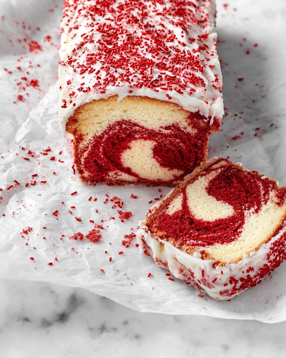 Whole uncut red velvet marble cake loaf on white parchment paper, frosted smoothly with white icing and adorned with vibrant red sprinkles scattered evenly across the top, rich red and creamy vanilla swirls visible through the moist cake exterior, presented on a white marble countertop with natural lighting highlighting the texture, professional food styling photo taken with an iphone --ar 4:5 --v 7
