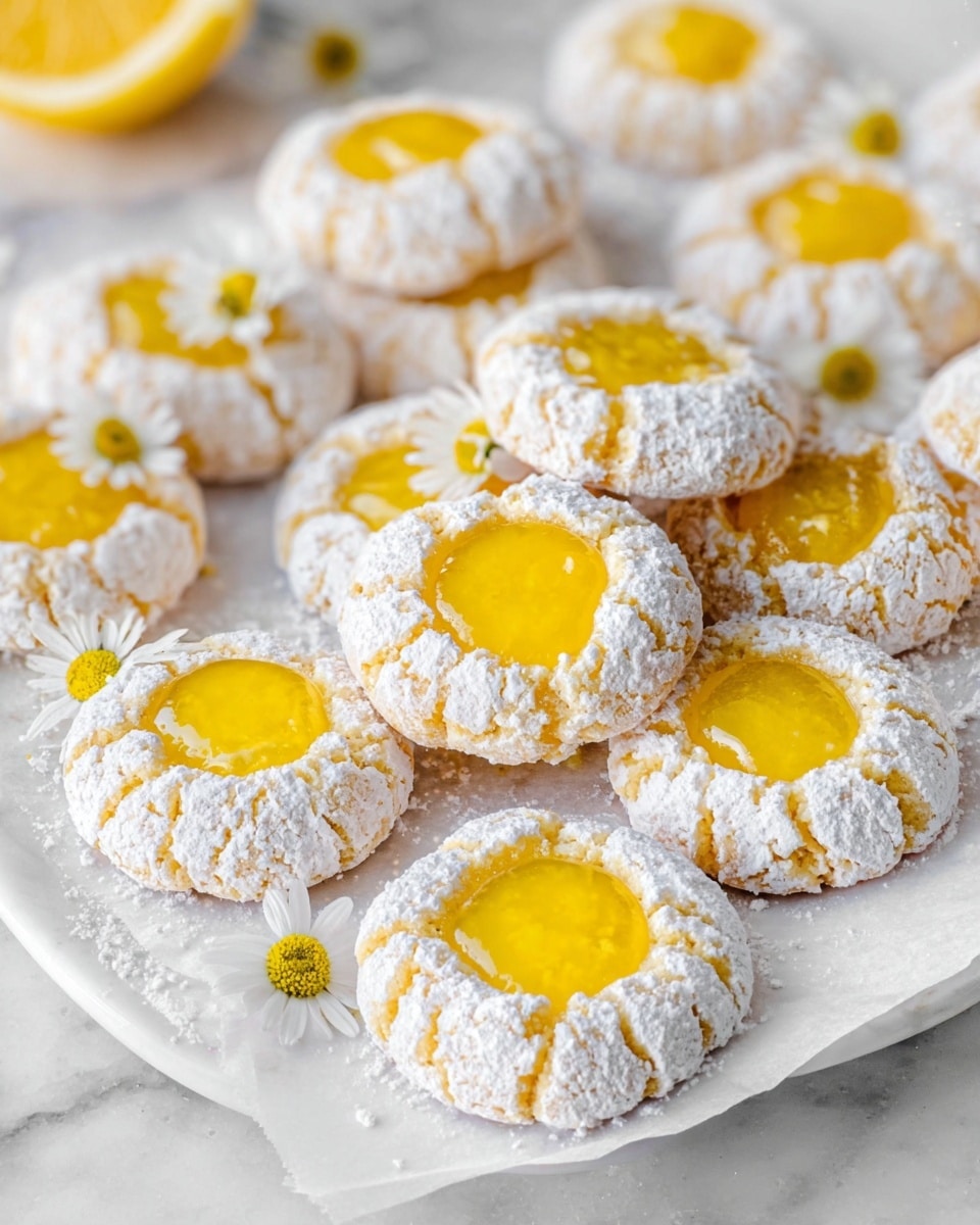 White rectangular platter filled with a full batch of lemon crinkle cookies, each cookie coated in powdered sugar with a bright, glossy lemon curd center, arranged neatly on white parchment paper, some accented with small white chamomile flowers, photographed from a 3/4 angle on a white marble countertop, natural lighting emphasizing the vibrant yellow and powdered sugar textures, professional food styling photo taken with an iphone --ar 4:5 --v 7