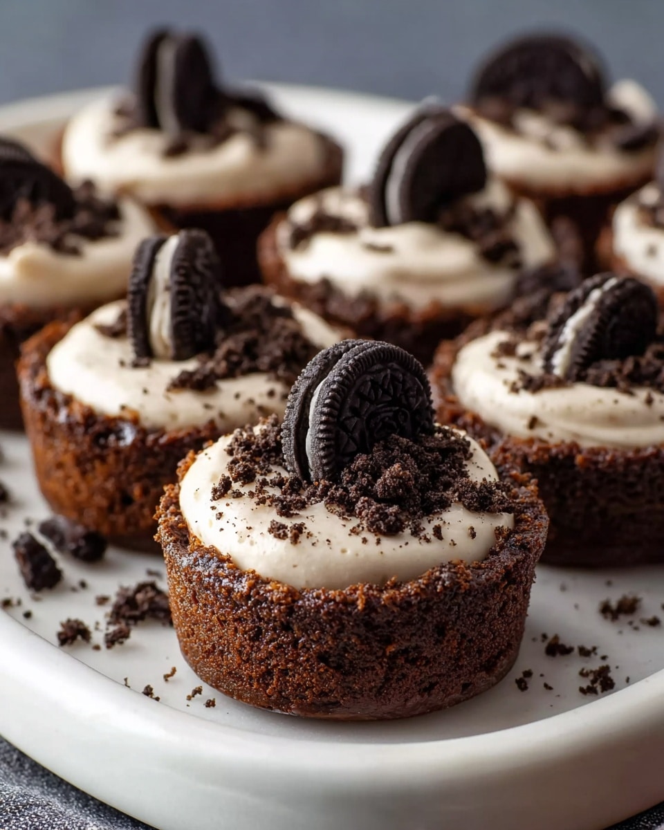 A white ceramic baking dish filled with a batch of rich, chocolate cookie crust mini cheesecakes, each topped with smooth, creamy vanilla cheesecake filling and garnished with whole Oreo cookie halves and sprinkled Oreo crumbs, perfectly arranged side by side to show the complete set, photographed from a 3/4 angle on a white marble countertop with natural lighting, professional food styling, photo taken with an iphone --ar 4:5 --v 7