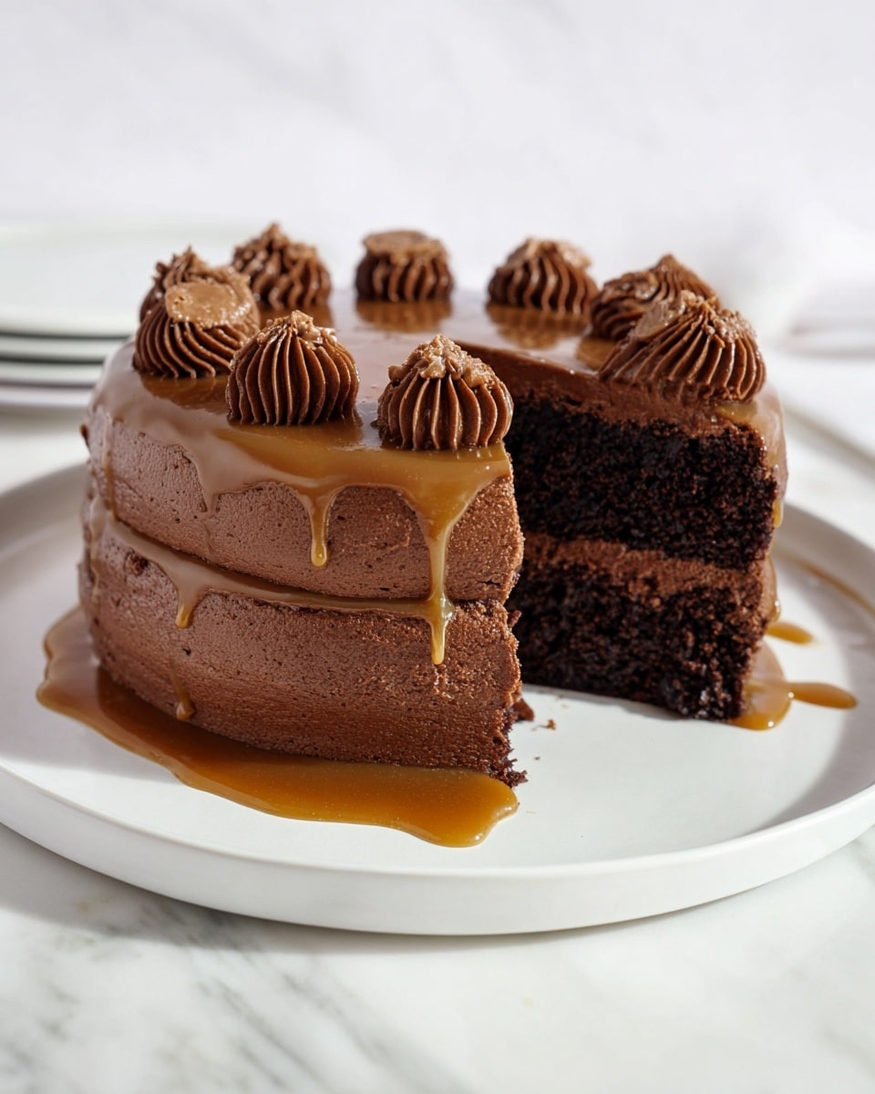 Whole uncut chocolate cake presented on a white plate, featuring two moist dark chocolate layers filled and coated with smooth chocolate frosting, topped with elegantly piped chocolate decorations and a glossy caramel drizzle, the complete cake shown from a 3/4 angle on a white marble countertop with natural lighting, styled as a hero shot for a food magazine, photo taken with an iphone --ar 4:5 --v 7