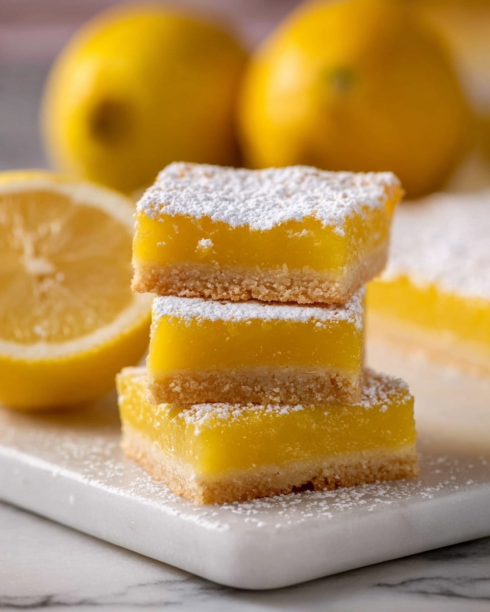 Whole rectangular lemon bar dessert on a large white serving platter, showcasing a thick, vibrant yellow lemon filling layered over a golden shortbread crust, dusted generously with powdered sugar, accompanied by whole fresh lemons in the background, photographed from a 3/4 angle with natural lighting on a white marble surface, professional food styling photo taken with an iphone --ar 4:5 --v 7