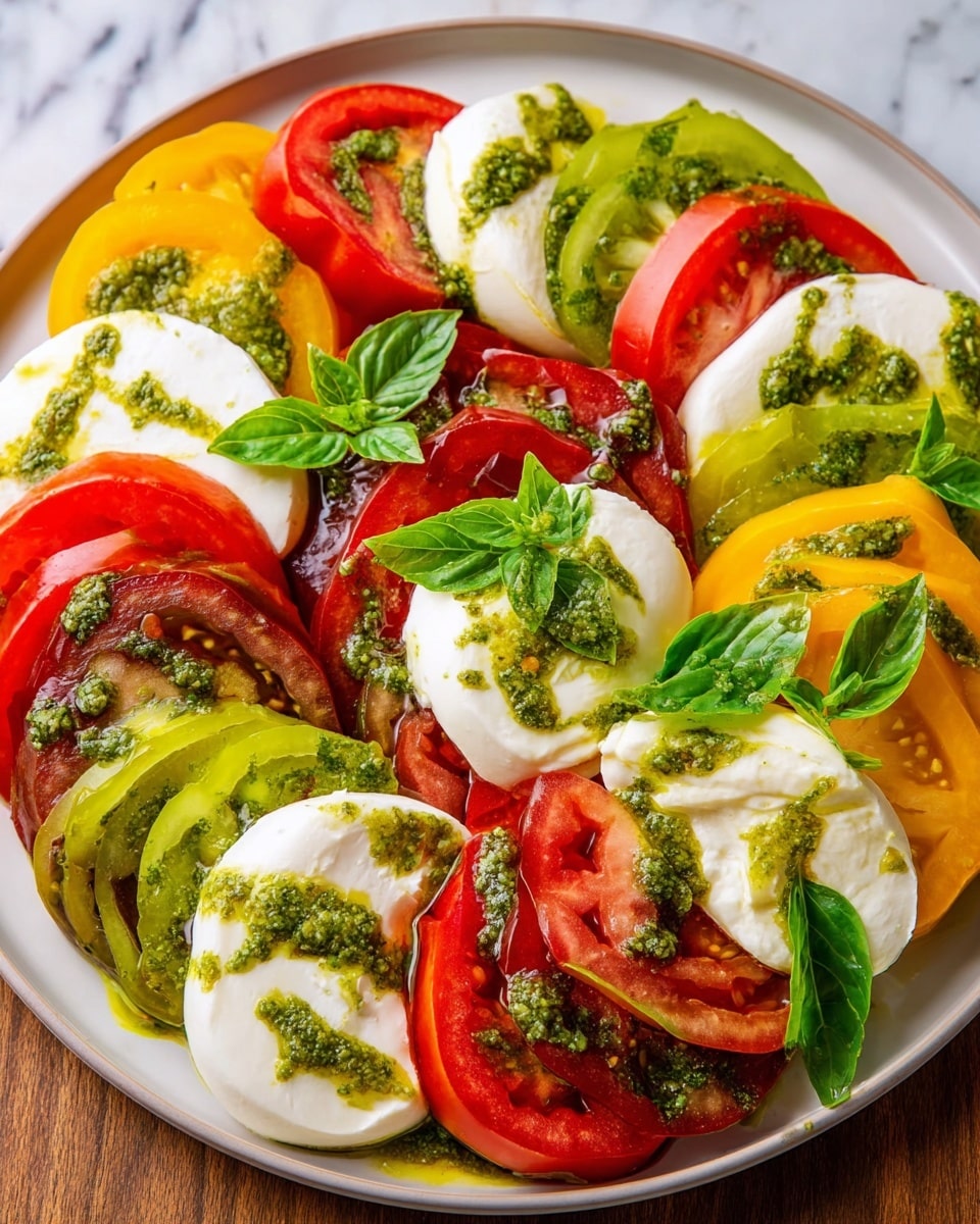 Large white round platter filled with an entire Caprese salad, showcasing perfectly arranged alternating thick slices of ripe red, yellow, and heirloom tomatoes with generous slices of fresh mozzarella cheese, all drizzled with vibrant green basil pesto and garnished with fresh whole basil leaves, presented on a white marble countertop with natural lighting, professional food styling, whole dish photographed from a 3/4 angle photo taken with an iphone --ar 4:5 --v 7