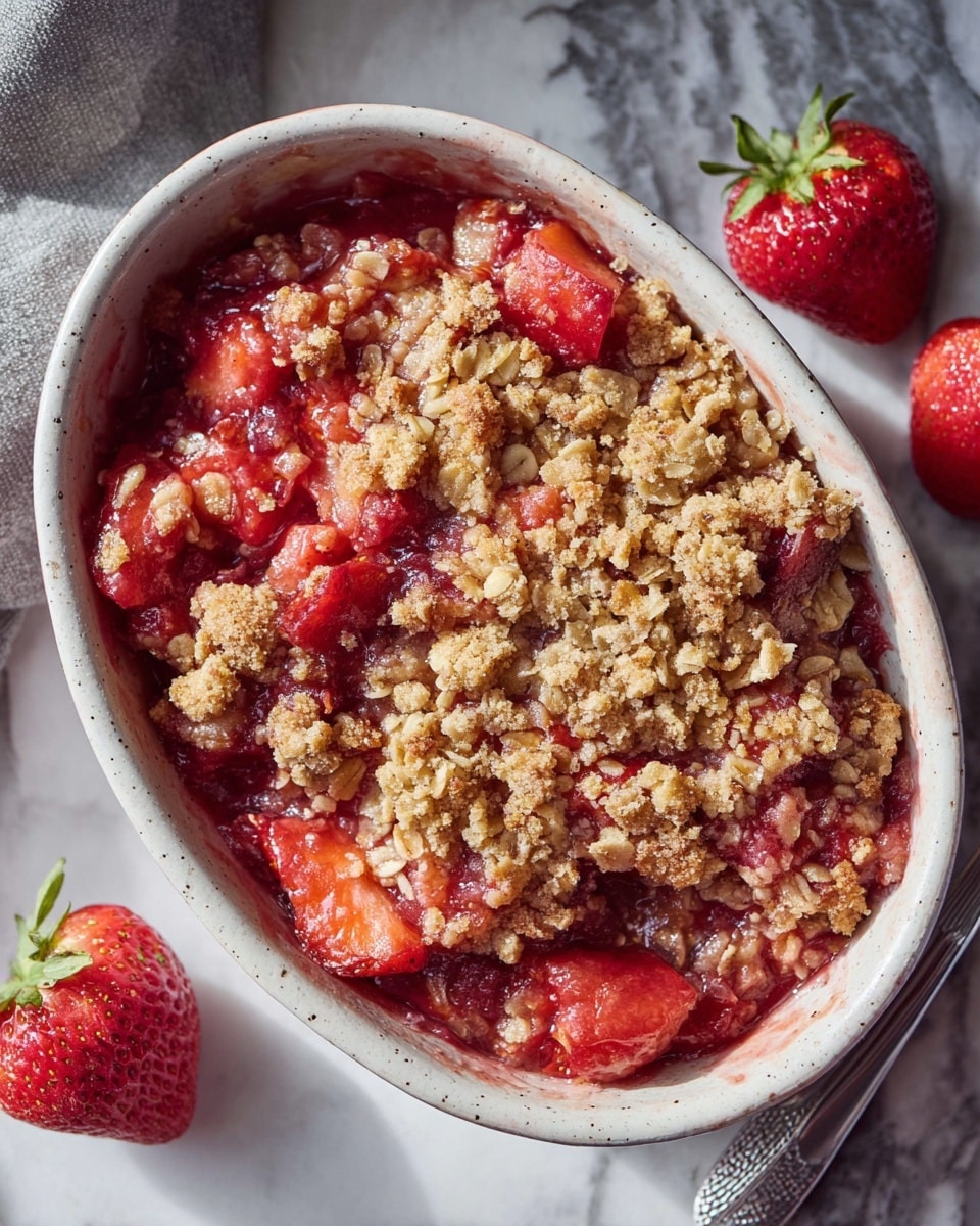Large white ceramic baking dish filled with a freshly baked strawberry crisp, showcasing a golden-brown oat and crumb topping generously covering juicy, bubbling strawberry filling beneath, with whole fresh strawberries around the base for garnish, photographed from a 3/4 angle on a white marble countertop with natural lighting, styled like a hero shot from a food magazine, photo taken with an iphone --ar 4:5 --v 7