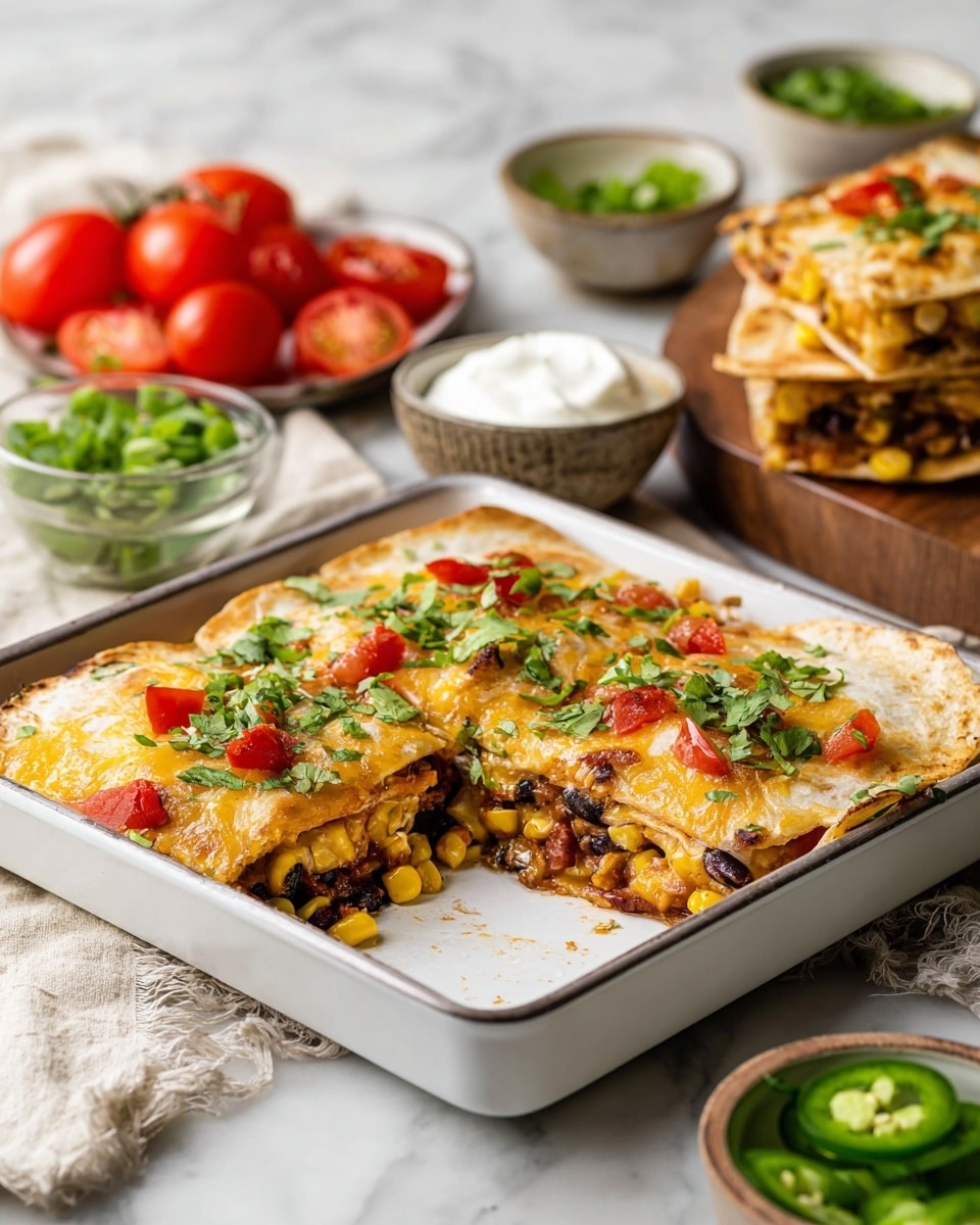 Large white rectangular baking pan filled with a whole, uncut vegetable quesadilla, golden and crisp on top with visible layers of melted cheese, black beans, corn, red bell peppers, and diced tomatoes, garnished with fresh cilantro, served with small bowls of sliced jalapeños, sour cream, green onions, and halved grape tomatoes nearby, photographed at a 3/4 angle on a white marble countertop in natural lighting, professional food styling photo taken with an iphone --ar 4:5 --v 7