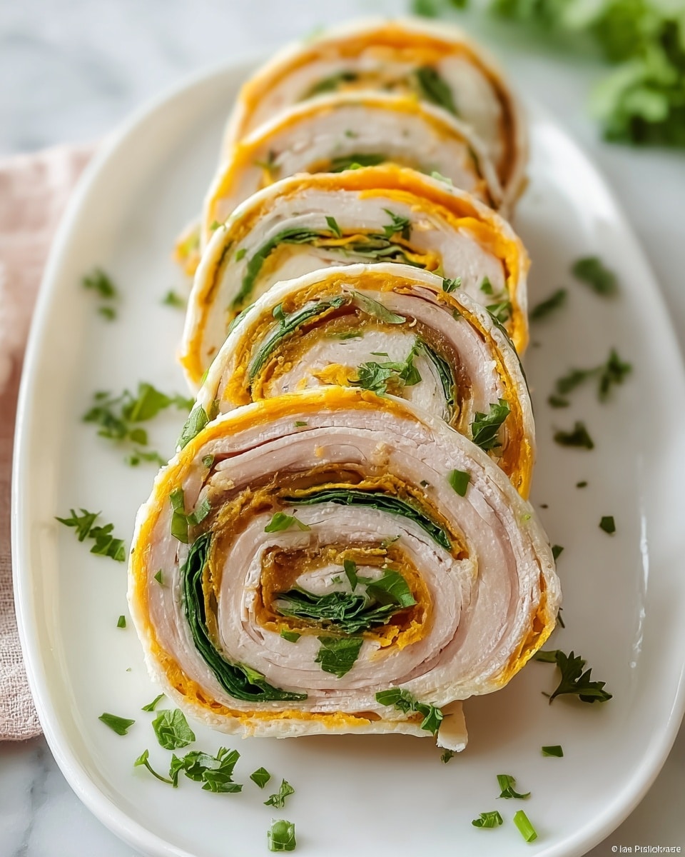 Large white rectangular platter filled with the whole rolled tortilla pinwheel wrap, uncut to show the spiral layers of sliced turkey, cheddar cheese, fresh spinach leaves, and a light spread of cream cheese or hummus, garnished with scattered parsley leaves, whole dish photographed from a 3/4 angle on a white marble countertop with natural lighting, styled like a hero food shot in a magazine, photo taken with an iphone --ar 4:5 --v 7