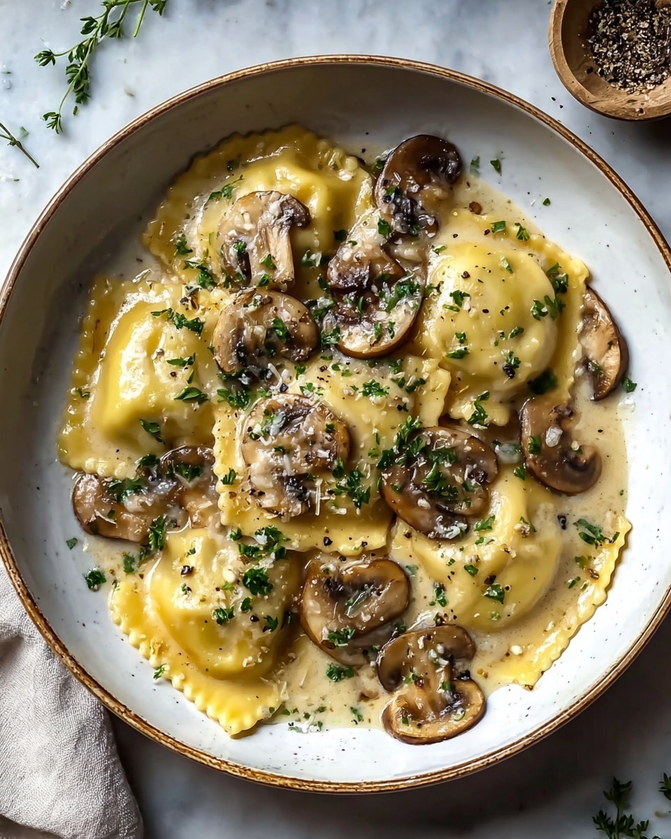 Large white bowl filled with a generous serving of mushroom ravioli in a creamy mushroom sauce, showcasing plump, perfectly sealed ravioli pieces nestled among sautéed golden-brown mushroom slices, garnished with finely chopped fresh parsley and cracked black pepper, the entire dish presented from a professional 3/4 angle on a white marble countertop with natural lighting, a sophisticated and inviting food magazine hero shot, photo taken with an iphone --ar 4:5 --v 7