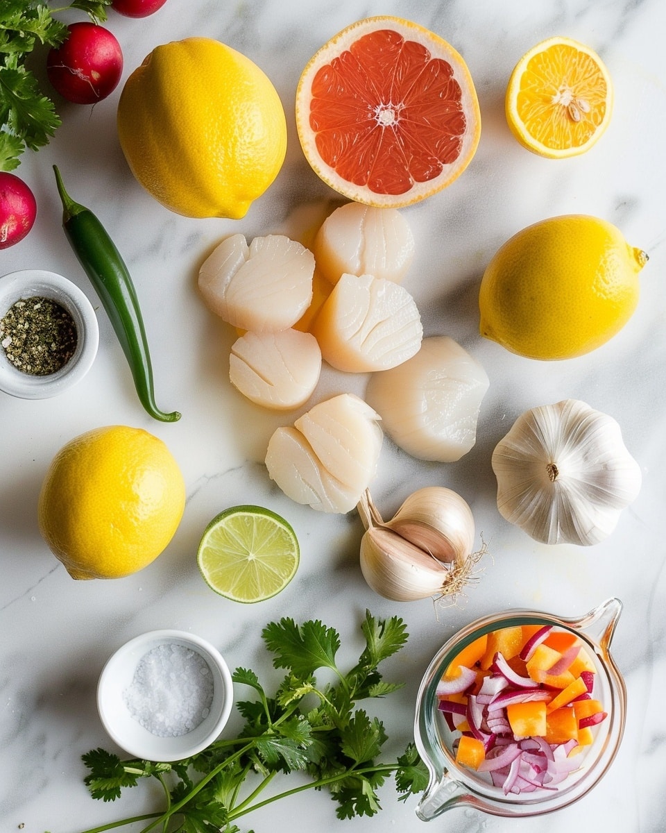 Single white plate showcasing a plated serving of four seared scallops nestled in natural scallop shells, topped with finely diced red and green bell peppers, red onion, fresh herbs, and drizzled with golden garlic butter sauce, close-up angled shot emphasizing the tender texture and glistening surface of the scallops, with vibrant pepper garnish and aromatic herbs on top, set on a white marble background under natural lighting, styled as a food blog individual serving photo taken with an iphone --ar 4:5 --v 7