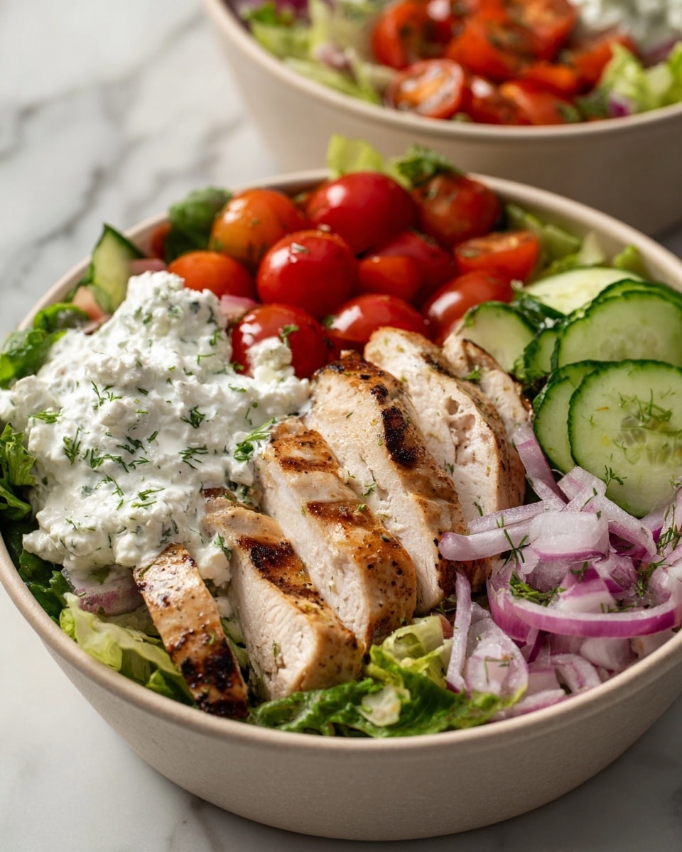 Large white bowl filled with a complete Greek chicken salad featuring tender grilled chicken slices, vibrant cherry tomatoes halved, crisp cucumber slices, fresh chopped red onion, and a generous dollop of creamy tzatziki sauce sprinkled with herbs, layered over a bed of mixed leafy greens, displayed with natural lighting on a white marble countertop, professional 3/4 angle food magazine style photo taken with an iphone --ar 4:5 --v 7