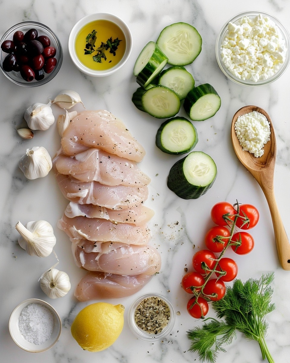 Single white bowl with a fresh, plated serving of a Greek salad topped with neatly arranged slices of grilled chicken, vibrant diced tomatoes, crisp cucumber slices, purple onion chunks, and a generous dollop of creamy tzatziki sauce seasoned with herbs and black pepper, close-up angled shot showcasing the juicy grilled chicken texture and the colorful freshness of the vegetables, placed on a white marble surface under natural lighting, styled like a food blog feature, photo taken with an iphone --ar 4:5 --v 7