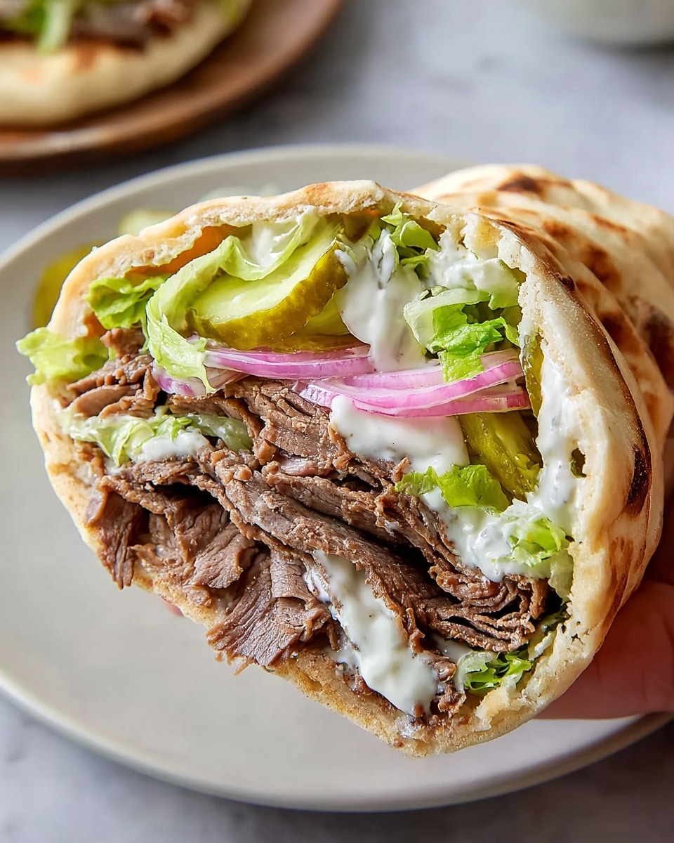 Large white plate showcasing an entire stuffed pita sandwich filled generously with juicy, slow-cooked sliced beef, crisp fresh lettuce, tangy pickles, thinly sliced red onions, and creamy white sauce, the pita bread softly toasted and perfectly folded around the vibrant filling, whole dish captured from a professional 3/4 angle on a white marble countertop with natural lighting, styled like a hero shot from a food magazine, photo taken with an iphone --ar 4:5 --v 7