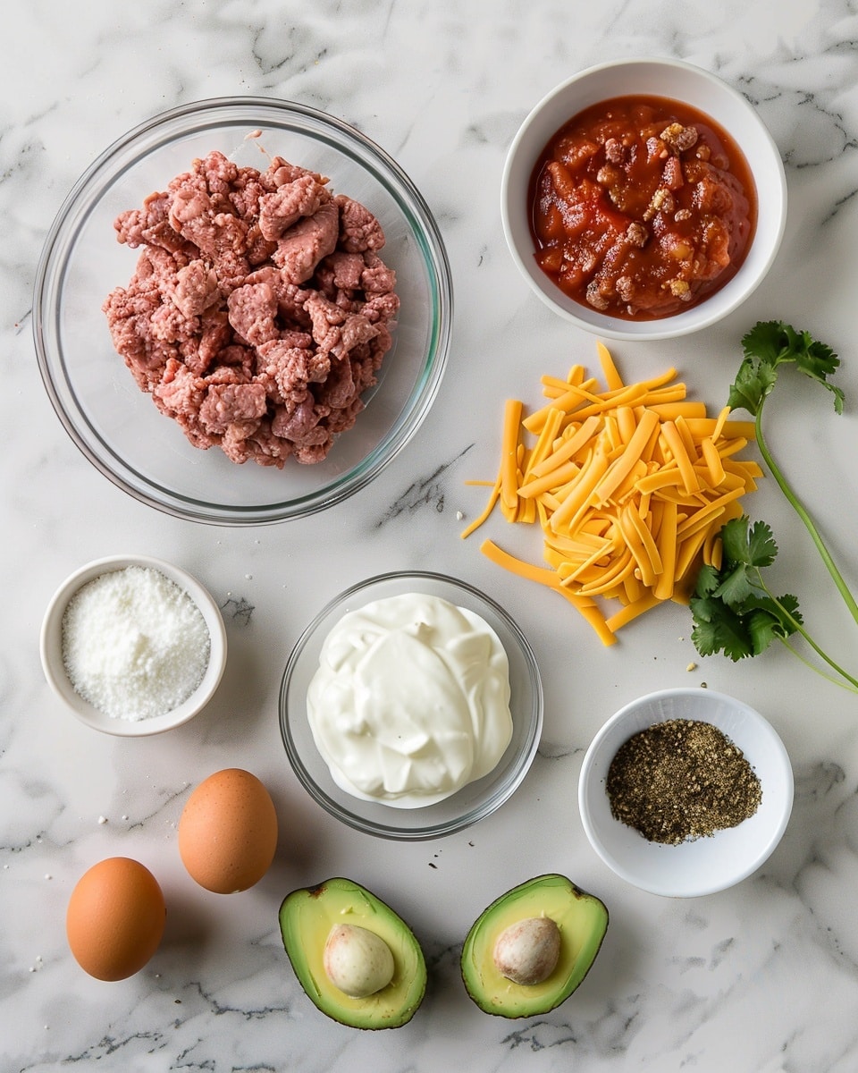 Single white plate with one slice of savory taco casserole showing distinct layers of seasoned ground beef, melted cheddar cheese, and tomato sauce, topped with fresh diced avocado and sprinkled cilantro leaves, close-up angle emphasizing the rich textures and moist filling, placed on white marble surface with natural lighting, styled as an individual plated serving from a food blog, photo taken with an iphone --ar 4:5 --v 7