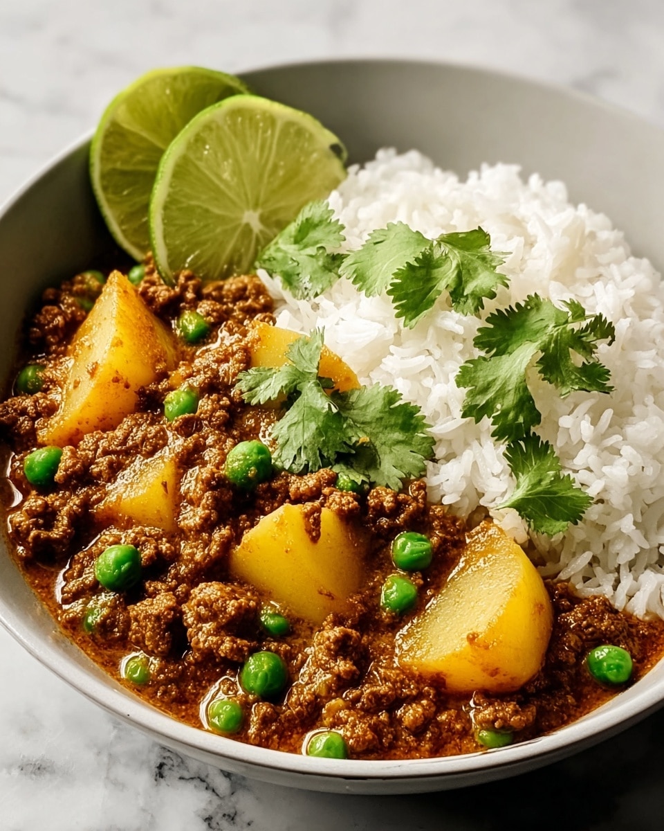 Large white serving bowl filled with hearty minced meat curry featuring tender golden potato chunks, vibrant green peas, and rich spiced sauce, accompanied by a generous mound of fluffy white rice, garnished with fresh cilantro leaves and lime wedges on the side, whole dish captured from a 3/4 angle on a white marble countertop with natural lighting, professional food styling photo taken with an iphone --ar 4:5 --v 7