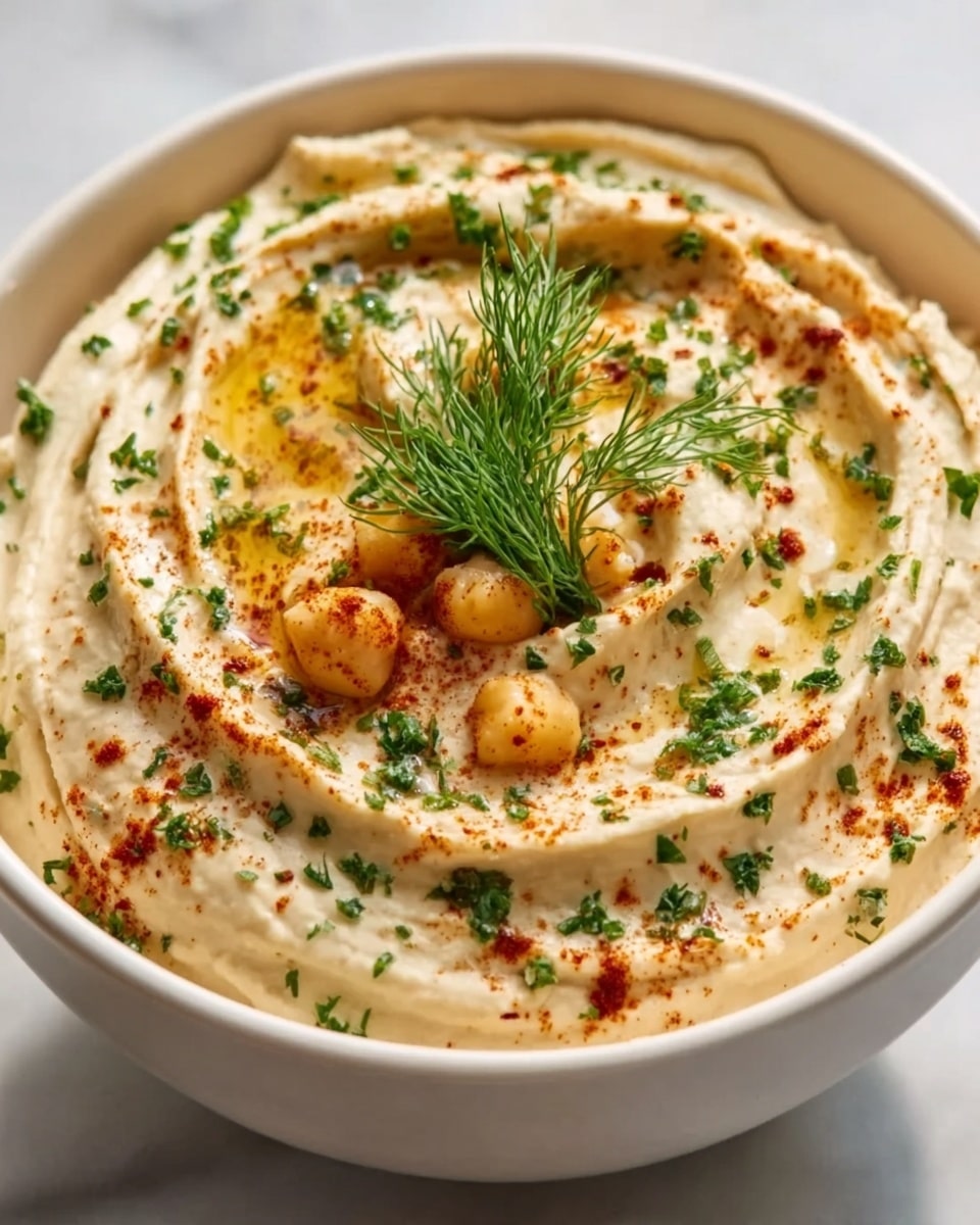 Large white bowl filled with the entire creamy hummus dip, smoothly swirled on the surface, garnished generously with chopped parsley, a sprinkle of smoked paprika, whole chickpeas, and a fresh dill sprig in the center, presented on a white marble background with natural lighting, professional overhead food magazine style photo taken with an iphone --ar 4:5 --v 7