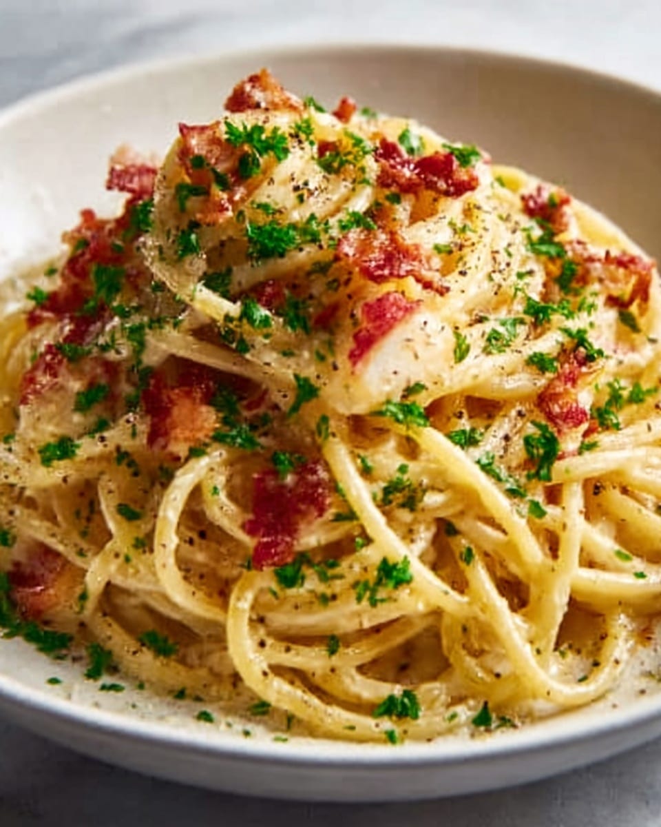 Large white rounded bowl filled with a full serving of creamy spaghetti carbonara, tossed in a rich sauce with crispy pancetta pieces evenly distributed throughout, topped generously with chopped fresh parsley and freshly cracked black pepper, showcasing the glossy strands of pasta intertwined together, presented as a complete portion on a white marble countertop with natural lighting, professional food magazine hero shot, photo taken with an iphone --ar 4:5 --v 7