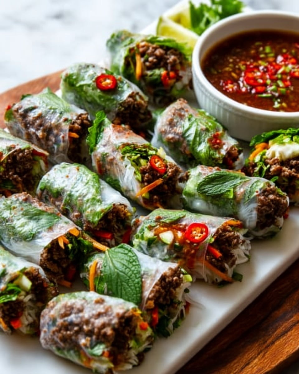 A large white rectangular serving platter filled with an array of fresh Vietnamese spring rolls tightly wrapped in translucent rice paper, showcasing vibrant layers of cooked ground meat, fresh green leafy herbs like mint and basil, colorful shredded carrots, and vermicelli noodles within. The platter includes multiple neatly arranged rolls, accompanied by a white bowl of rich, tangy dipping sauce garnished with chili slices and finely chopped herbs. The entire presentation is shot from a professional 3/4 angle, on a white marble countertop under natural lighting, resembling a high-quality food magazine hero shot. Photo taken with an iphone --ar 4:5 --v 7