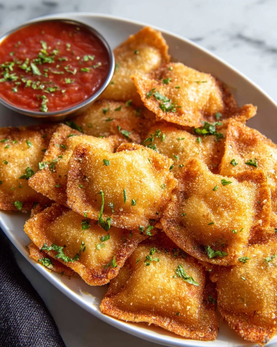 Large white serving platter filled with multiple golden-brown fried ravioli arranged neatly with a small bowl of marinara sauce on the side, garnished with freshly chopped parsley, whole dish photographed from a 3/4 angle on a white marble countertop, natural lighting, professional food styling photo taken with an iphone --ar 4:5 --v 7