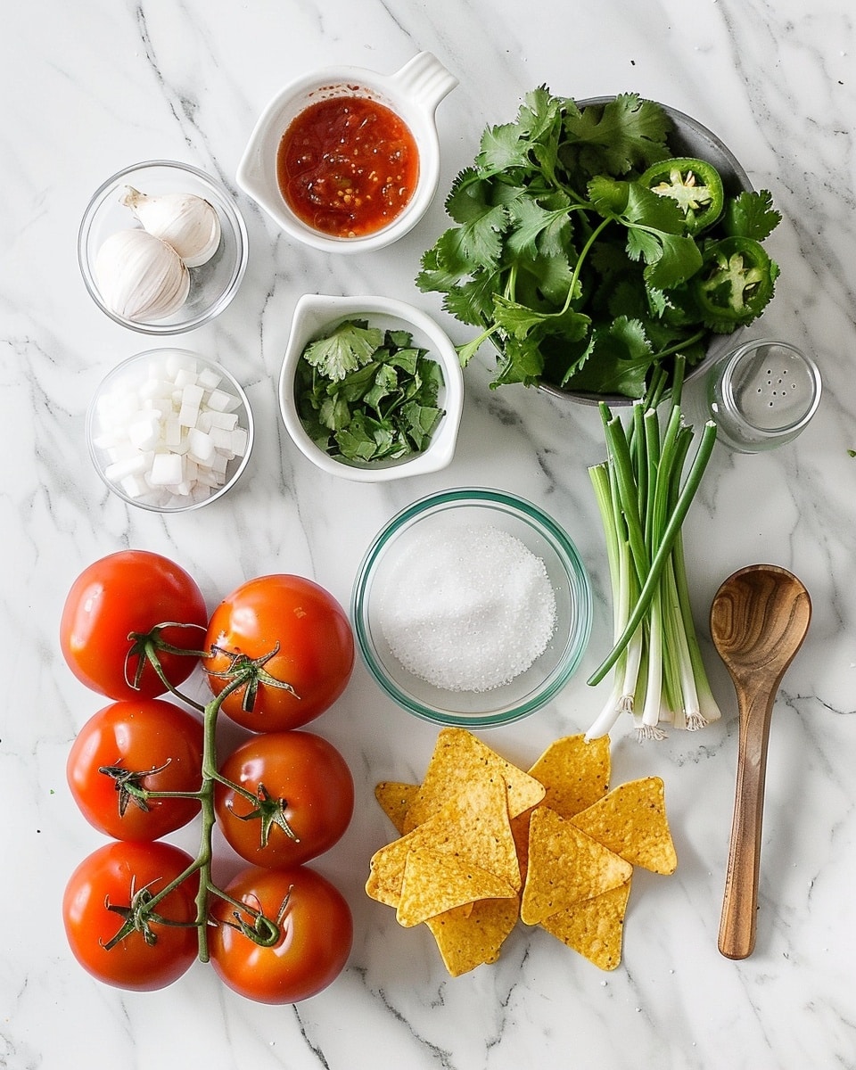 Single white bowl containing one serving of fresh salsa, showcasing vibrant chopped tomatoes, cilantro bits, diced onions, and green chili bits, with a slightly textured and juicy consistency, garnished with a small sprig of cilantro on top, placed on a white marble surface with natural lighting, styled for a food blog, intimate close-up view photo taken with an iphone --ar 4:5 --v 7