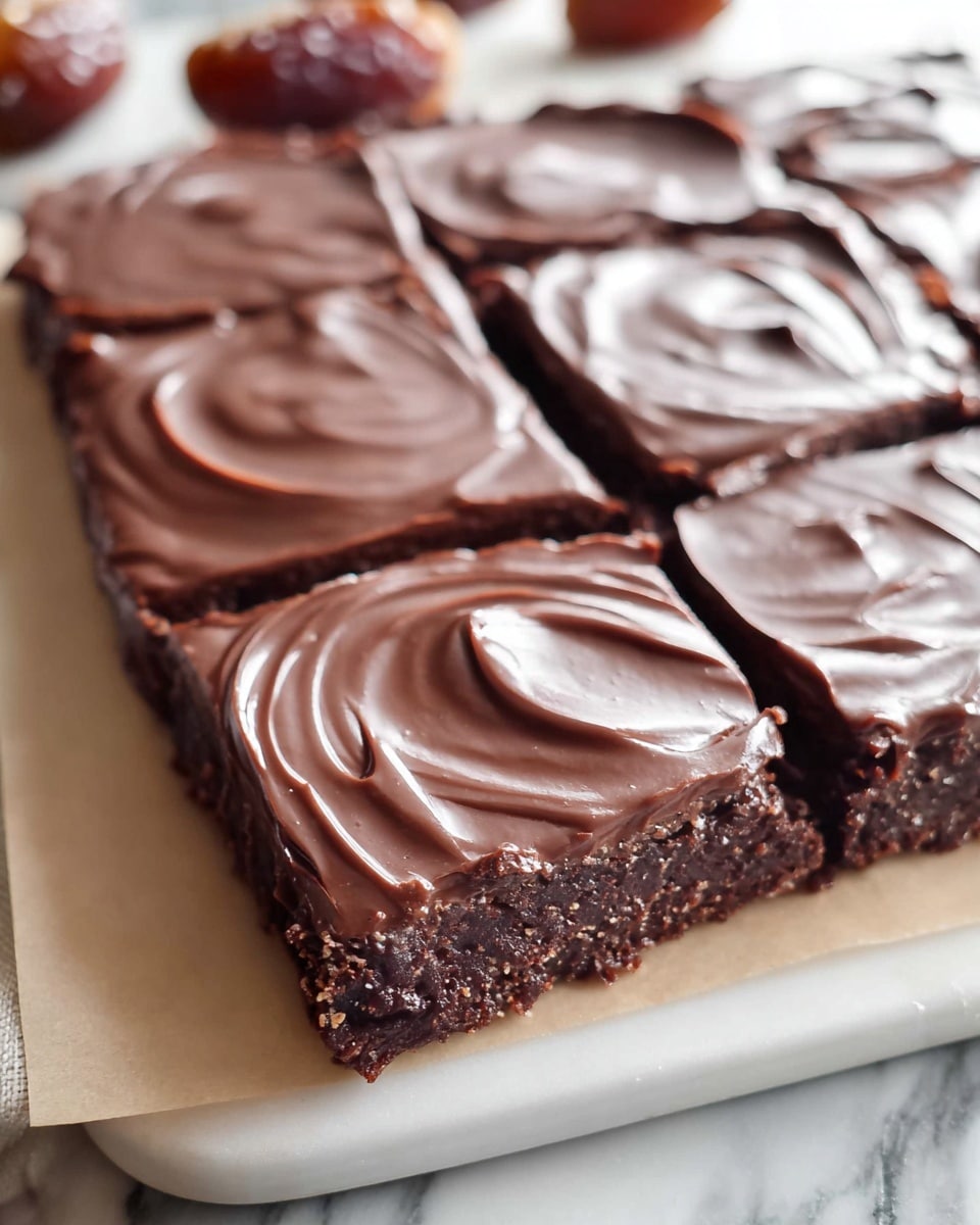 Large rectangular white serving tray displaying a whole, uncut chocolate dessert bar with a smooth, glossy chocolate ganache topping, showcasing its rich, dense texture and a few whole dates placed artfully in the background; the dessert looks moist and decadent, the surface elegantly swirling with glossy chocolate, photographed at a 3/4 angle on a white marble countertop under natural lighting, professional food styling photo taken with an iphone --ar 4:5 --v 7