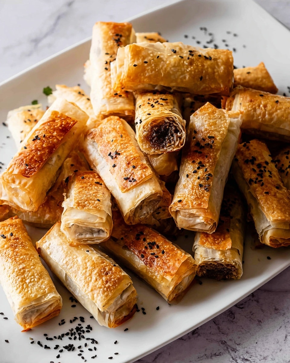 Large white rectangular platter showcasing a full batch of crispy golden-brown savory filo pastry rolls filled with seasoned minced meat, some topped with scattered black sesame seeds for garnish, arranged in an abundant pile to display the flaky, layered texture of the pastry, all photographed from a 3/4 angle with natural lighting emphasizing the flaky crust, set on a white marble countertop, professional food magazine style hero shot, photo taken with an iphone --ar 4:5 --v 7