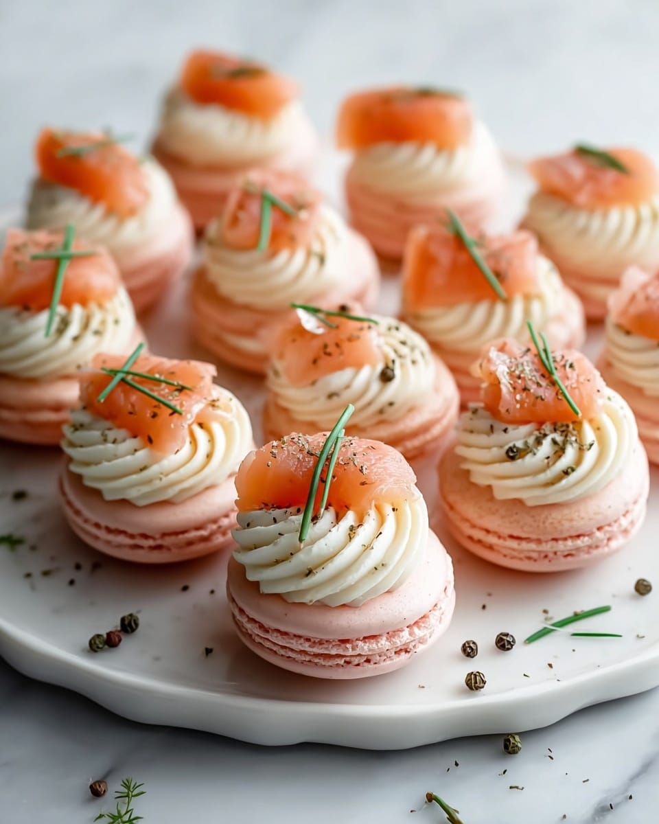 A large white serving platter filled with an arrangement of elegant pink macarons topped generously with swirls of smooth cream cheese frosting, each adorned with delicate slices of smoked salmon and small sprigs of fresh chives, sprinkled lightly with cracked black pepper and scattered whole peppercorns around the platter, photographed from a professional 3/4 angle on a white marble surface with natural light, showcasing the entire batch as a stunning appetizer display, photo taken with an iphone --ar 4:5 --v 7