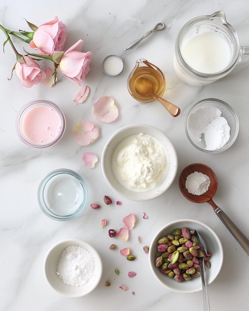 Single white plate with a slice of creamy pink dessert showing smooth, fluffy layers and a rich, airy interior, topped with crushed pistachios, rose petals, and silver-coated almonds arranged beautifully along the ridge of the slice, close-up angle emphasizing texture and detail, natural lighting highlighting the soft pink hues, placed on white marble surface, styled like an elegant food blog serving photo taken with an iphone --ar 4:5 --v 7