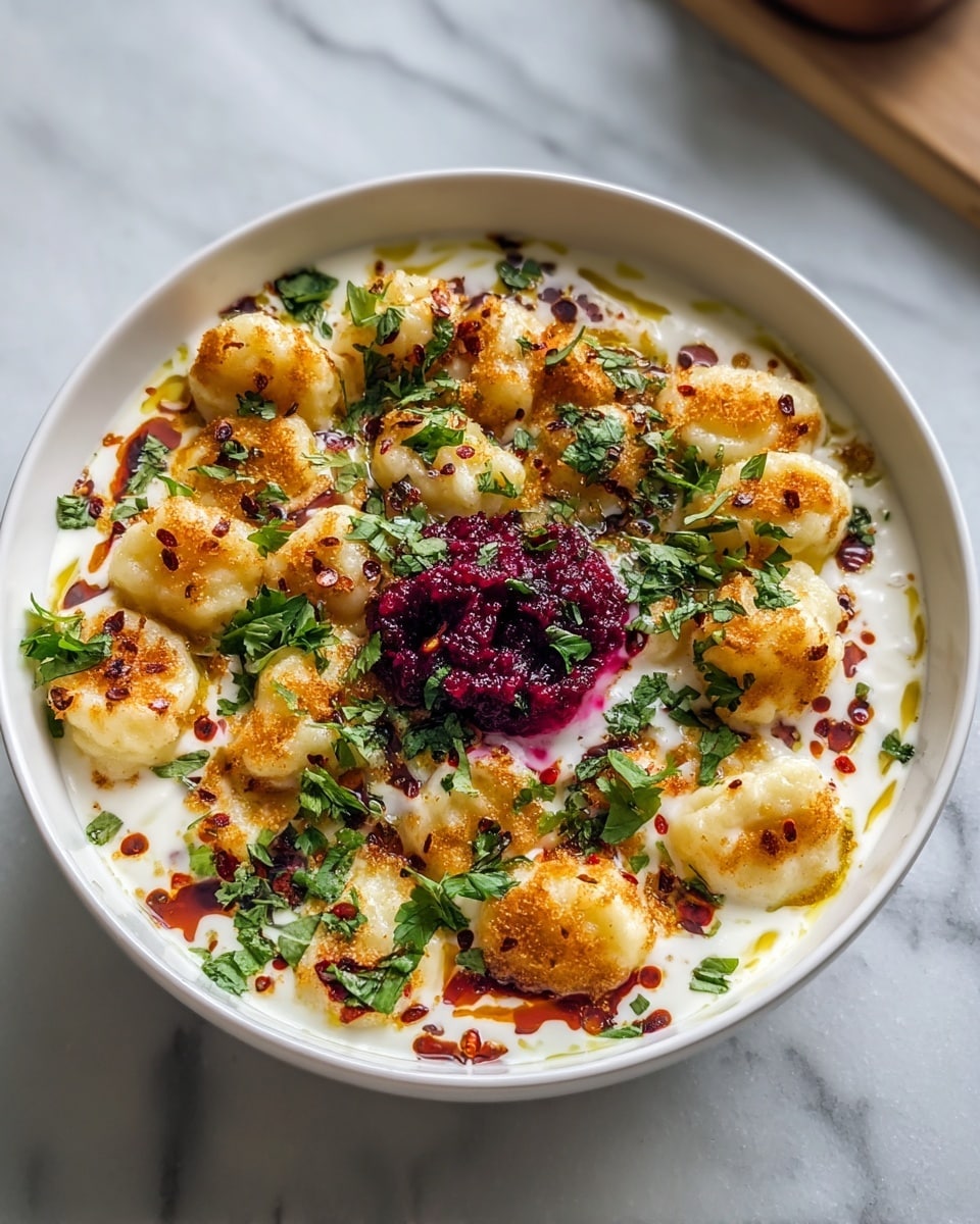 Large white bowl filled with multiple golden fried spaetzle dumplings immersed in a creamy yogurt sauce, generously garnished with vibrant red chili oil, bright green cilantro leaves, and a central dollop of rich beet chutney, all arranged to showcase the full dish, photographed in natural light from a 3/4 angle on a white marble countertop, styled photo taken with an iphone --ar 4:5 --v 7