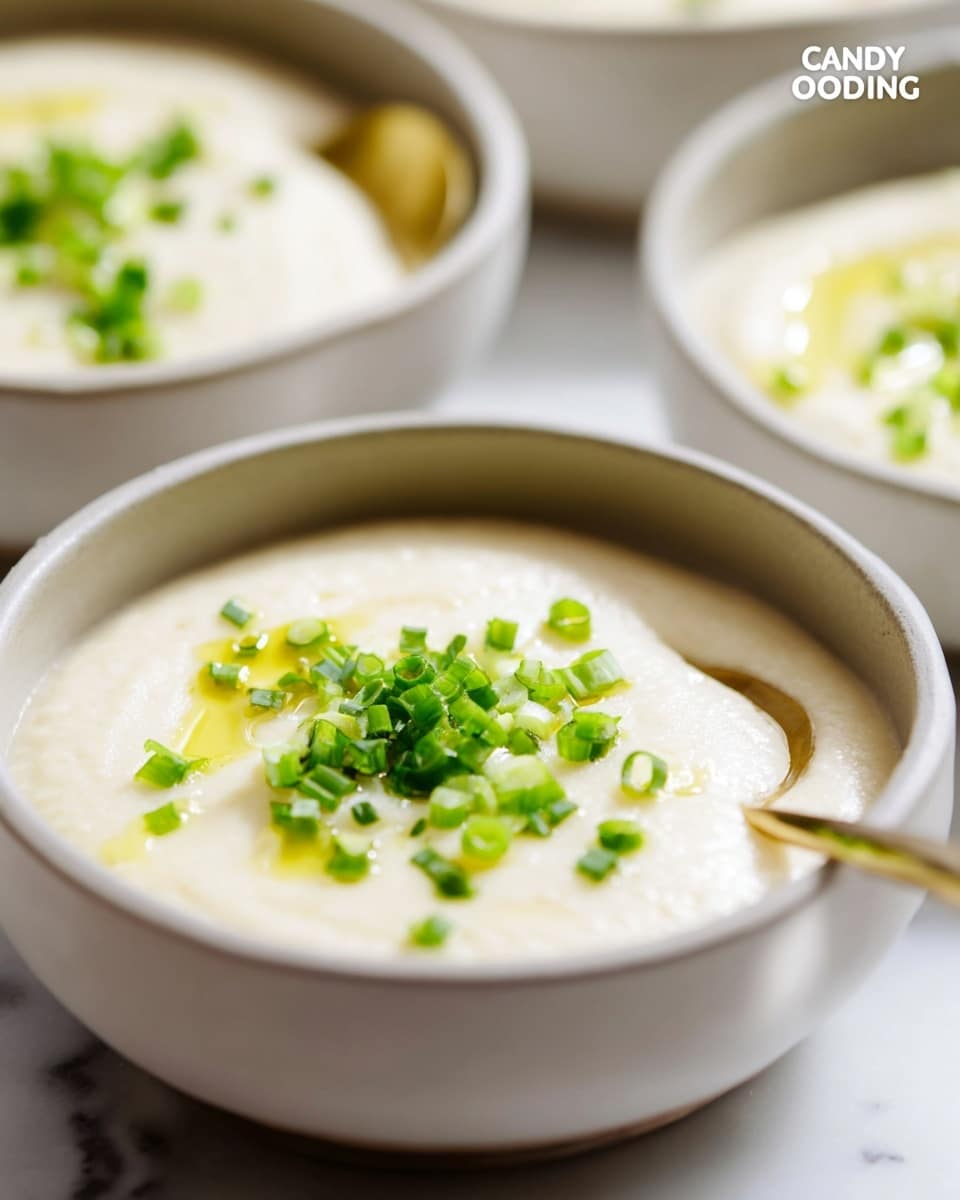 Large white ceramic bowls filled to the brim with creamy cauliflower soup, garnished generously with finely chopped green onions and a drizzle of olive oil, arranged together on a pristine white marble countertop, captured in a professional 3/4 angle shot under natural lighting, showcasing the smooth texture and vibrant garnishes of the whole dish, photo taken with an iphone --ar 4:5 --v 7