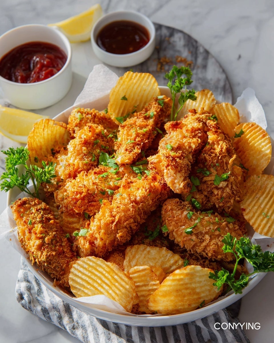 Large white serving bowl filled with a generous portion of crispy golden fried chicken tenders coated in crunchy, textured breading, arranged with an abundance of wavy ridged potato chips, garnished with fresh green parsley leaves and accompanied by small white bowls of rich, tangy dipping sauces, whole dish photographed at a 3/4 angle on a white marble countertop with natural lighting, professional food magazine style photo taken with an iphone --ar 4:5 --v 7