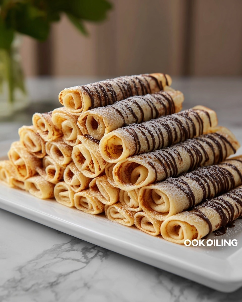 Large white rectangular serving tray filled with a pyramid stack of rolled crepes drizzled with fine chocolate stripes and dusted lightly with powdered sugar, showcasing a dozen or more evenly rolled thin pancakes all uniformly golden brown and delicately textured, styled on a white marble countertop with natural lighting, professional 3/4 angle food magazine hero shot, photo taken with an iphone --ar 4:5 --v 7