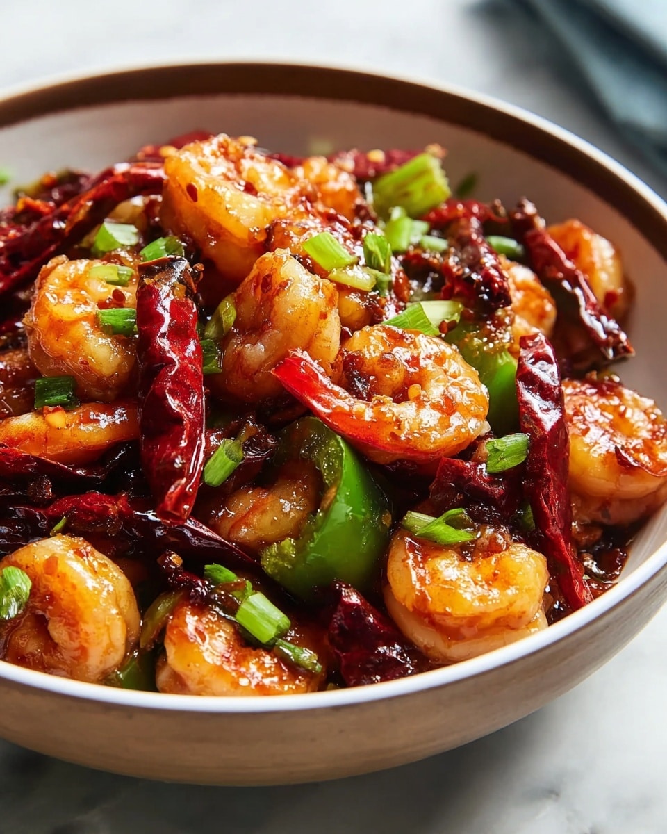 Large white serving bowl filled with an abundant spicy shrimp stir-fry featuring plump, glistening shrimp, vibrant red dried chili peppers, crisp green bell peppers, and chopped green onions, all coated in a glossy, flavorful sauce, arranged to showcase the complete dish, photographed from a 3/4 angle on a white marble countertop with natural lighting, professional food styling photo taken with an iphone --ar 4:5 --v 7
