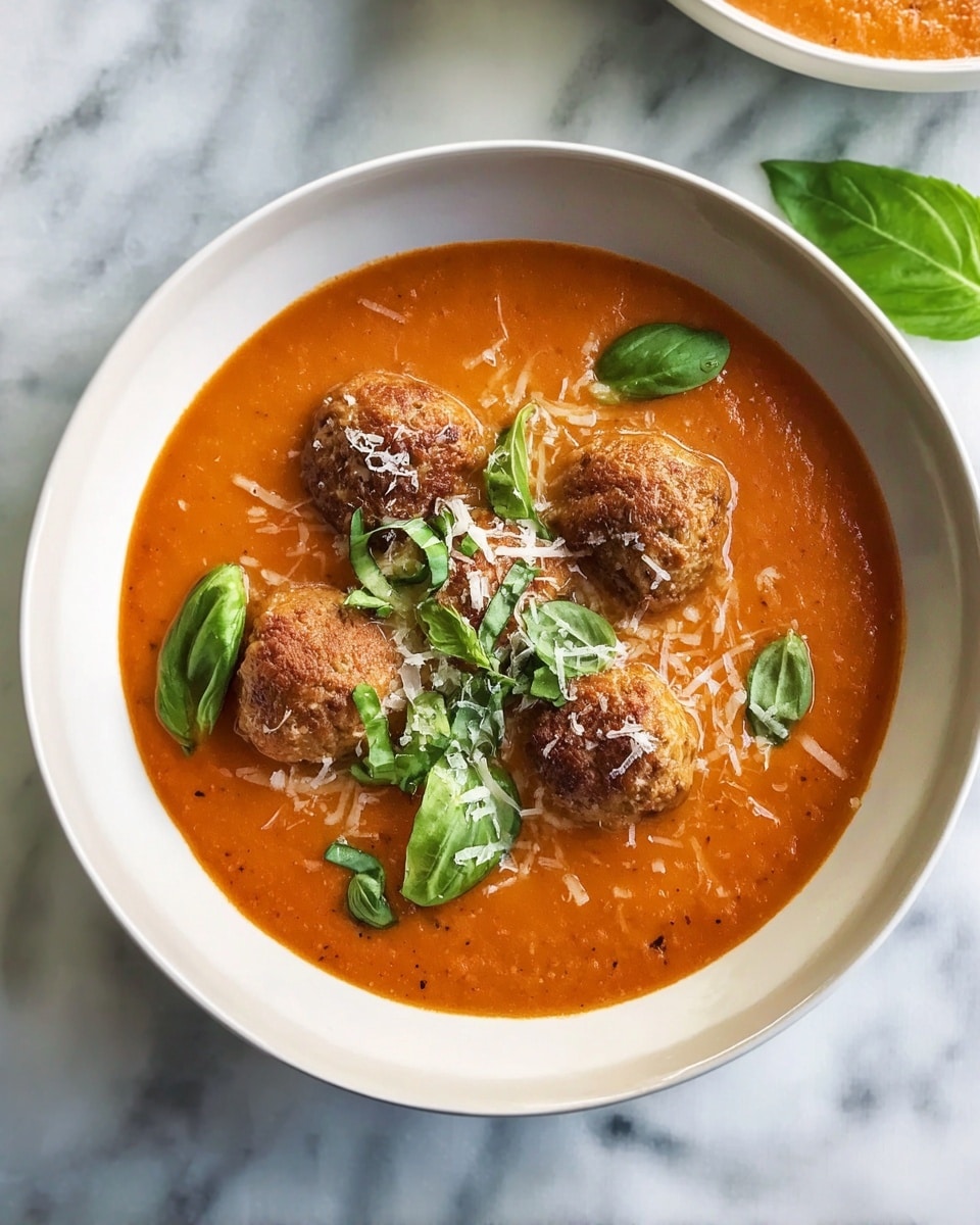 Large white bowl filled with rich orange tomato basil soup, garnished with several perfectly shaped meatballs nestled in the smooth soup, topped with fresh green basil leaves and light shreds of Parmesan cheese, all set on a white marble countertop with natural lighting, styled as a professional food magazine hero shot, photo taken with an iphone --ar 4:5 --v 7