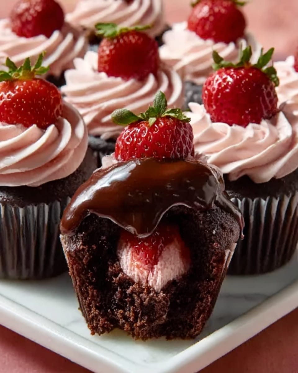 A white rectangular platter displaying a full batch of rich chocolate cupcakes topped with glossy chocolate ganache and adorned with fresh whole strawberries and pink whipped cream swirls, each cupcake perfectly decorated and arranged neatly in rows, photographed at a 3/4 angle on a pristine white marble background with natural lighting, showcasing the complete set as a stunning hero shot from a food magazine, photo taken with an iphone --ar 4:5 --v 7